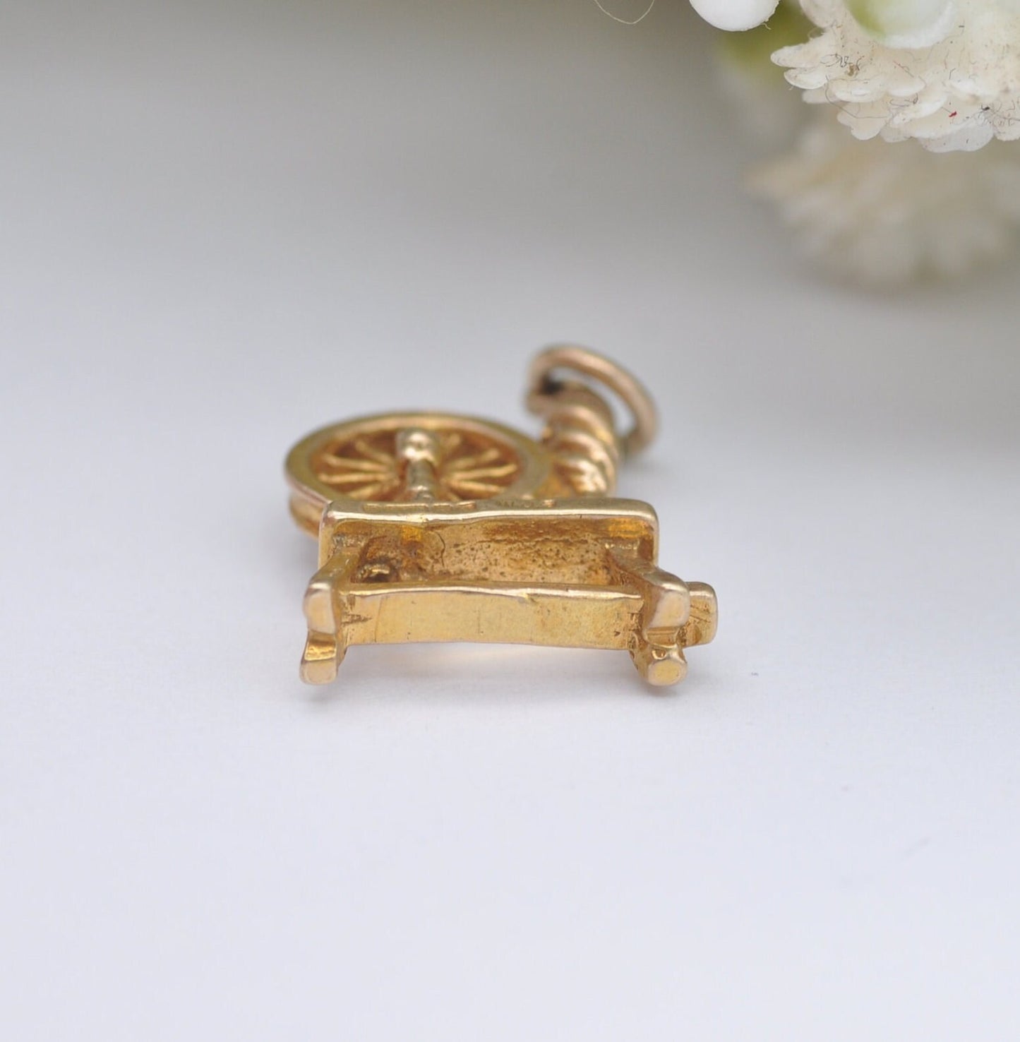 Vintage 9ct Gold Spinning Wheel Charm Pendant by W J Sutton 1968