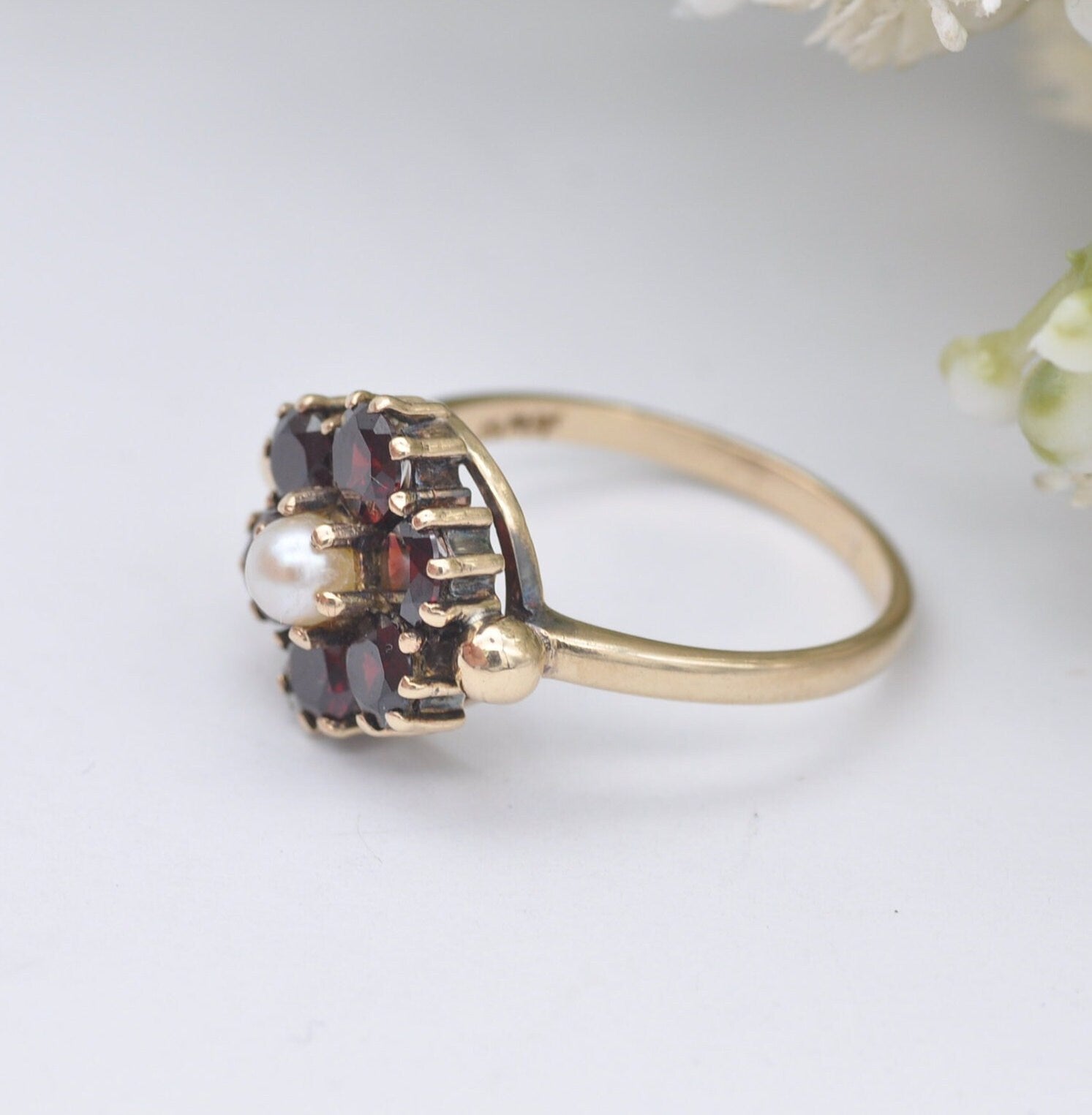 Vintage 9ct Gold Garnet Pearl Flower Cluster Ring - Mid-Century Victorian Revival | UK Size - M 1/2 | US Size - 6 1/2