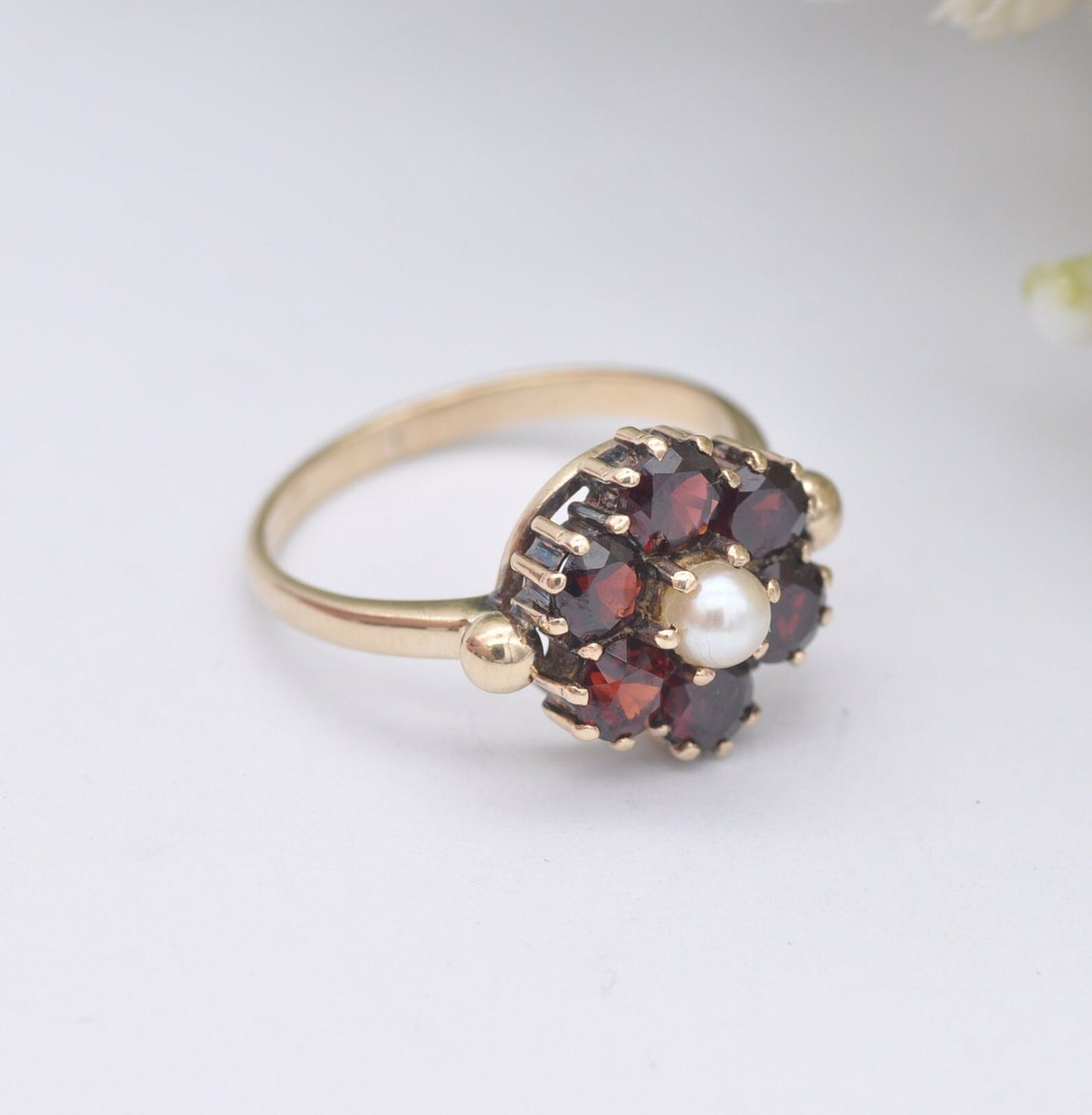 Vintage 9ct Gold Garnet Pearl Flower Cluster Ring - Mid-Century Victorian Revival | UK Size - M 1/2 | US Size - 6 1/2