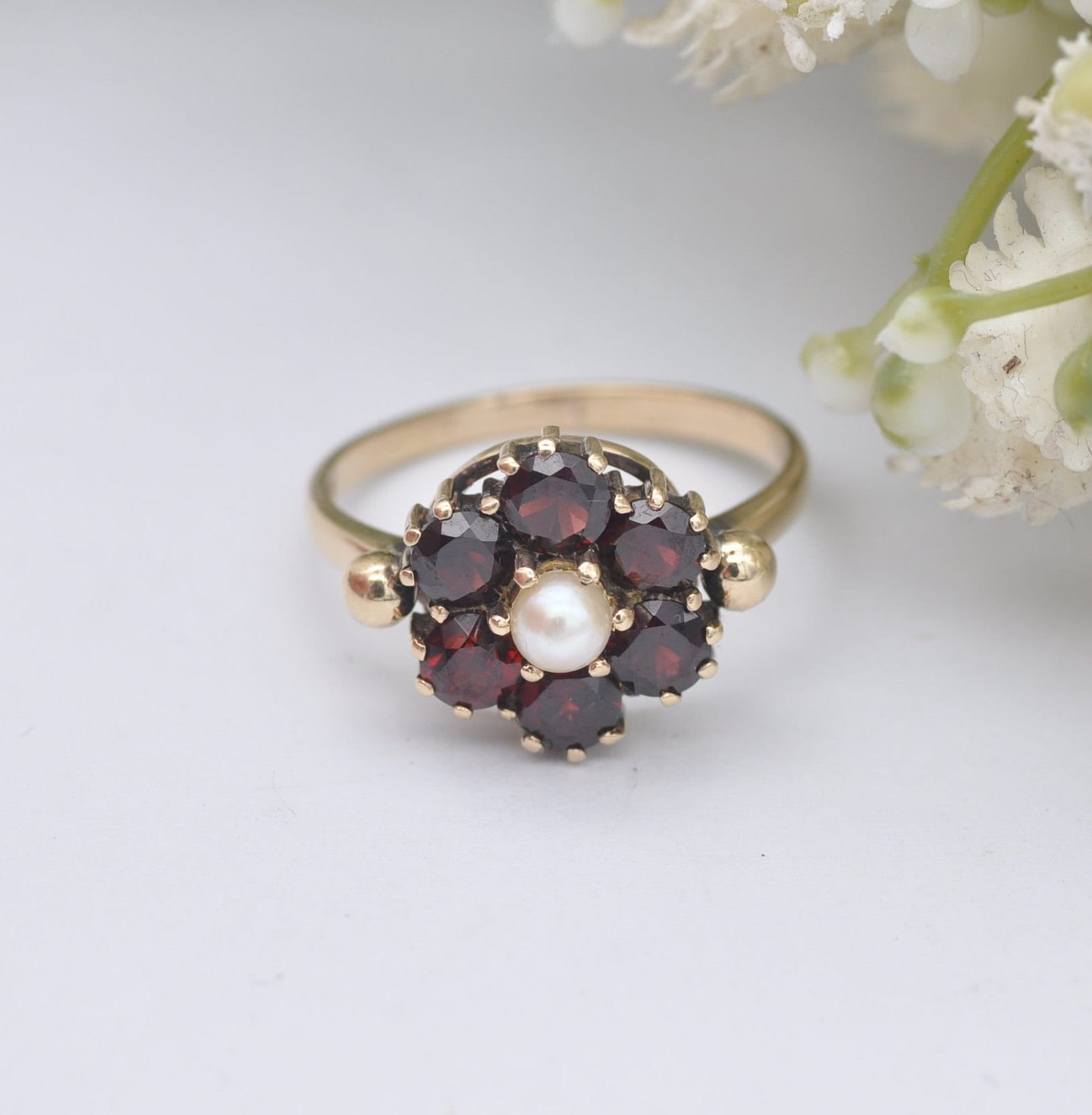 Vintage 9ct Gold Garnet Pearl Flower Cluster Ring - Mid-Century Victorian Revival | UK Size - M 1/2 | US Size - 6 1/2