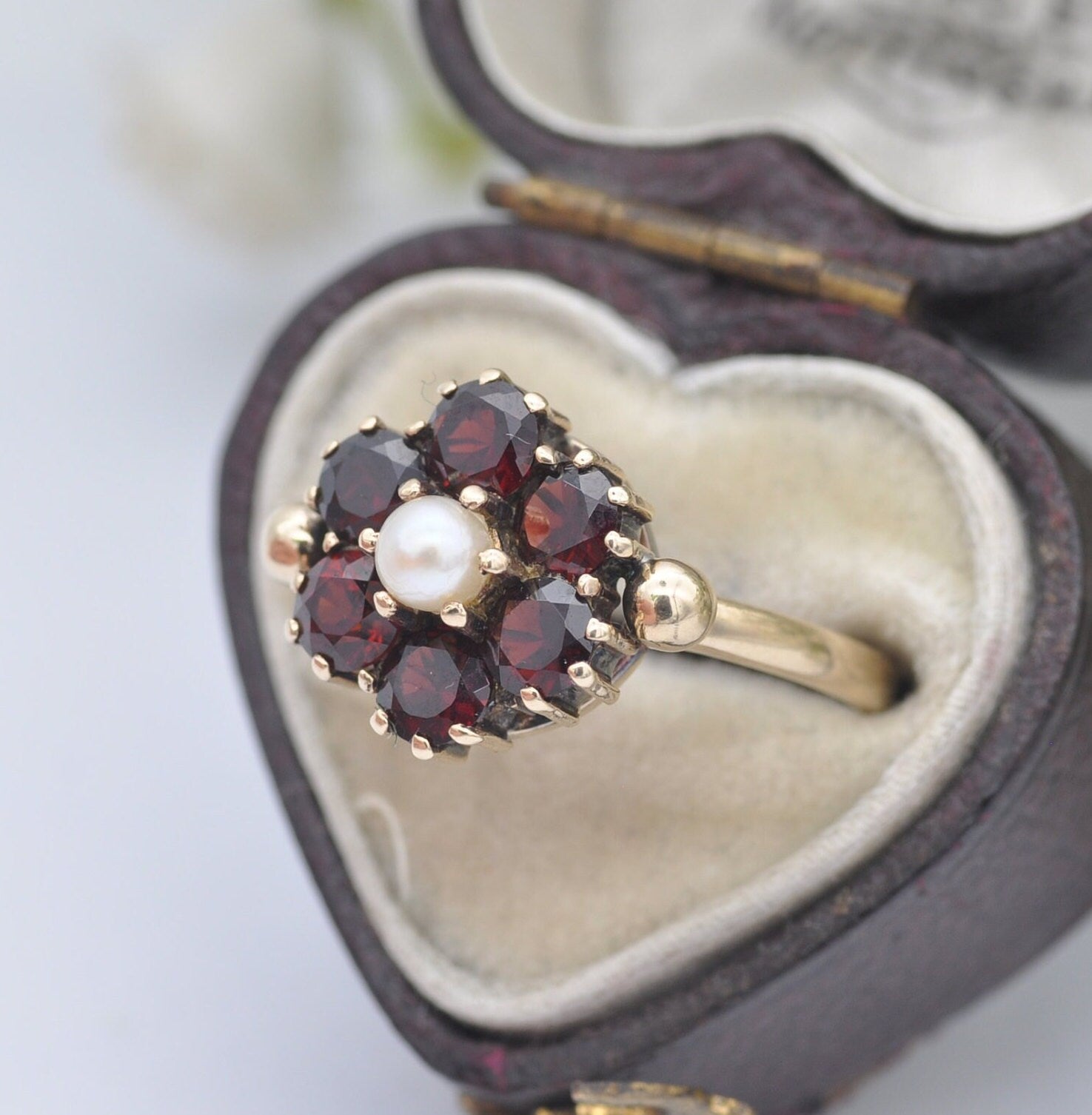 Vintage 9ct Gold Garnet Pearl Flower Cluster Ring - Mid-Century Victorian Revival | UK Size - M 1/2 | US Size - 6 1/2