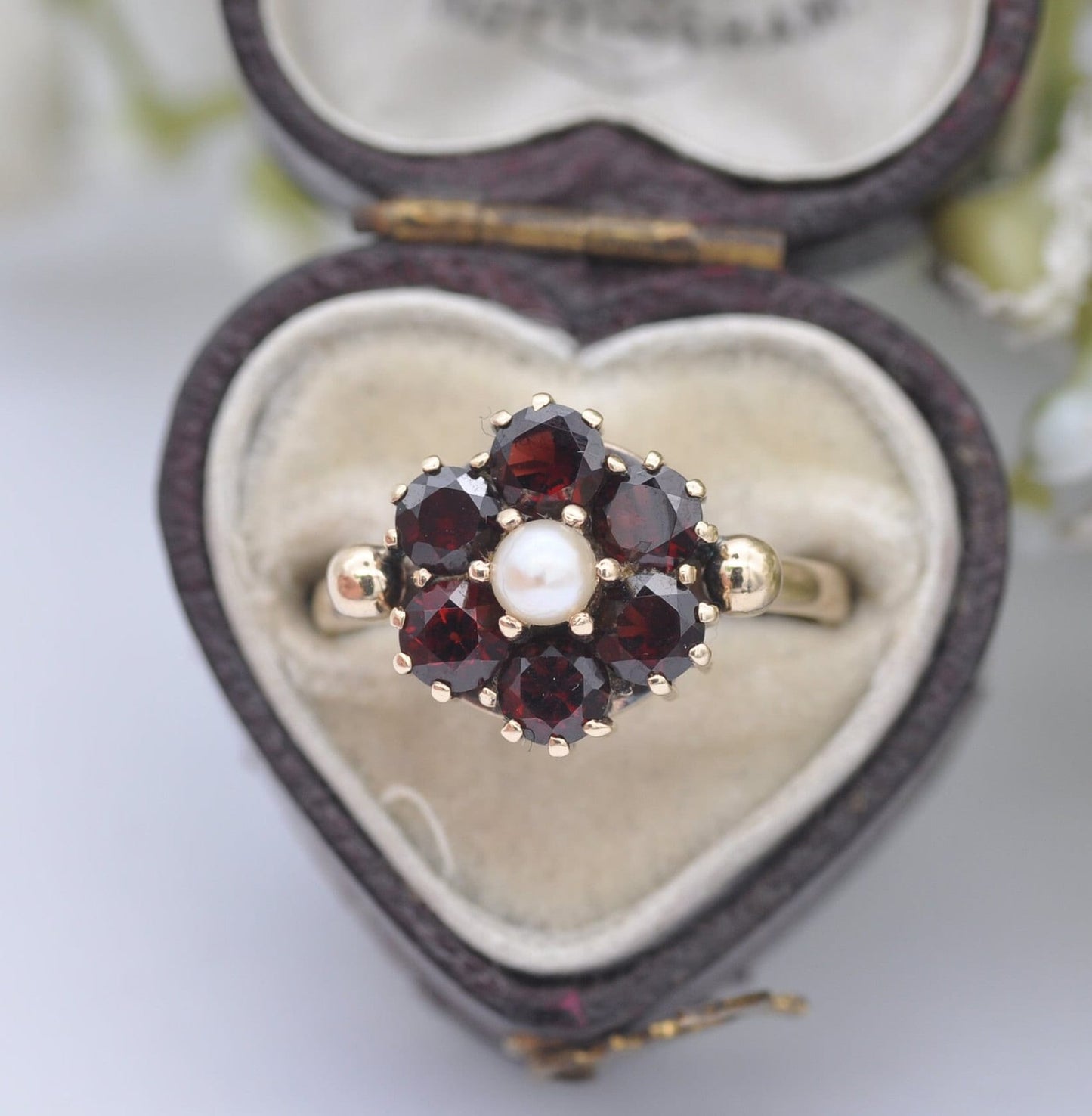 Vintage 9ct Gold Garnet Pearl Flower Cluster Ring - Mid-Century Victorian Revival | UK Size - M 1/2 | US Size - 6 1/2