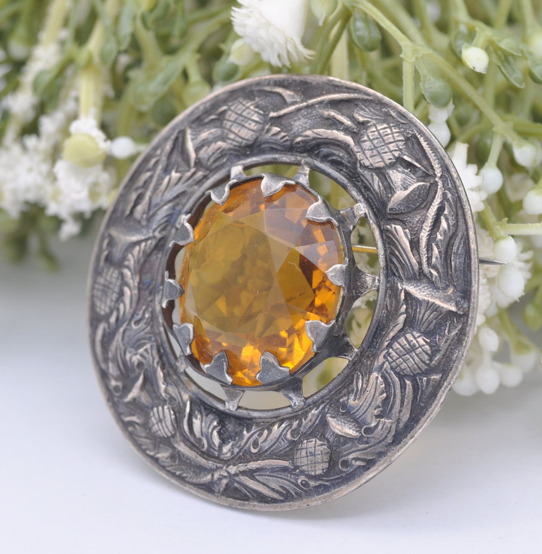 Vintage Scottish Thistle Sterling Silver Brooch by Shipton & Co - Chester Hallmarks 1951 | Large Celtic Circle with Citrine Paste