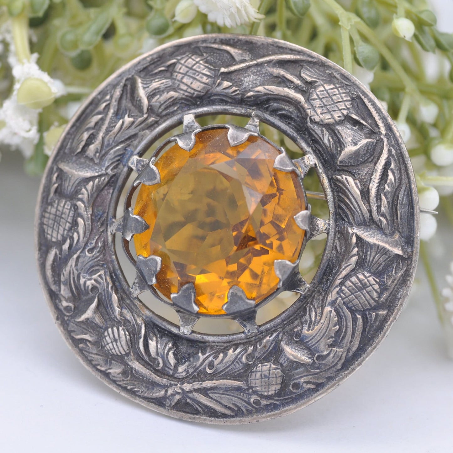 Vintage Scottish Thistle Sterling Silver Brooch by Shipton & Co - Chester Hallmarks 1951 | Large Celtic Circle with Citrine Paste