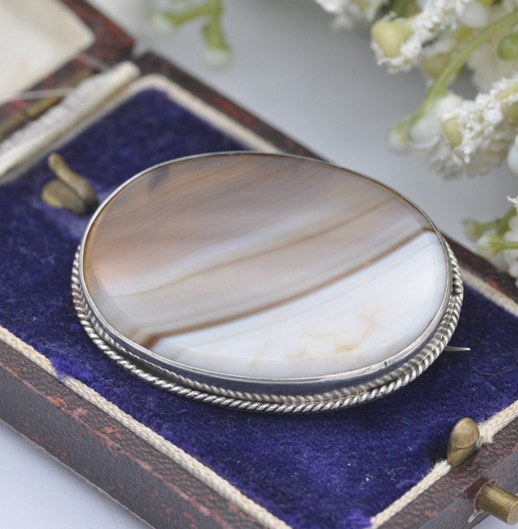 Antique Sterling Silver Banded Agate Brooch - Oval Brown Agate Stone