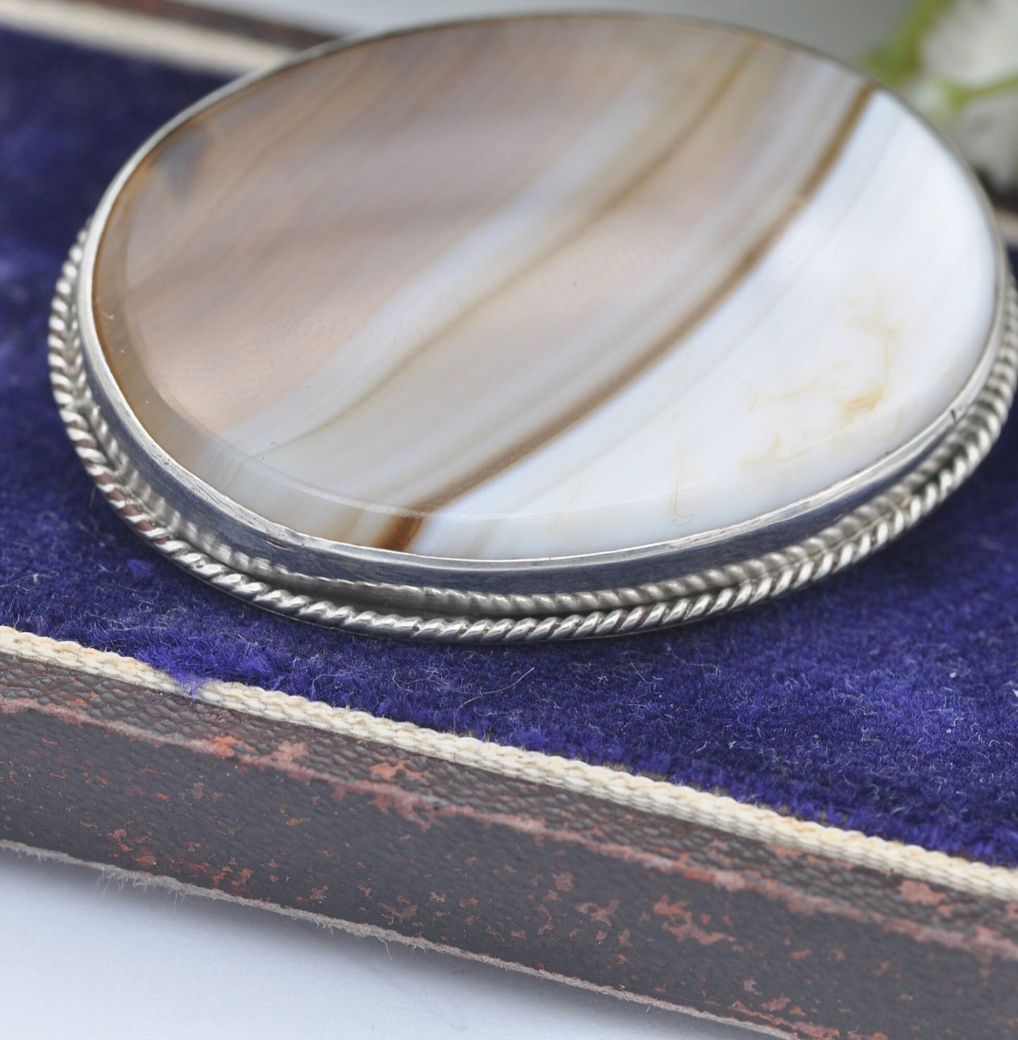 Antique Sterling Silver Banded Agate Brooch - Oval Brown Agate Stone