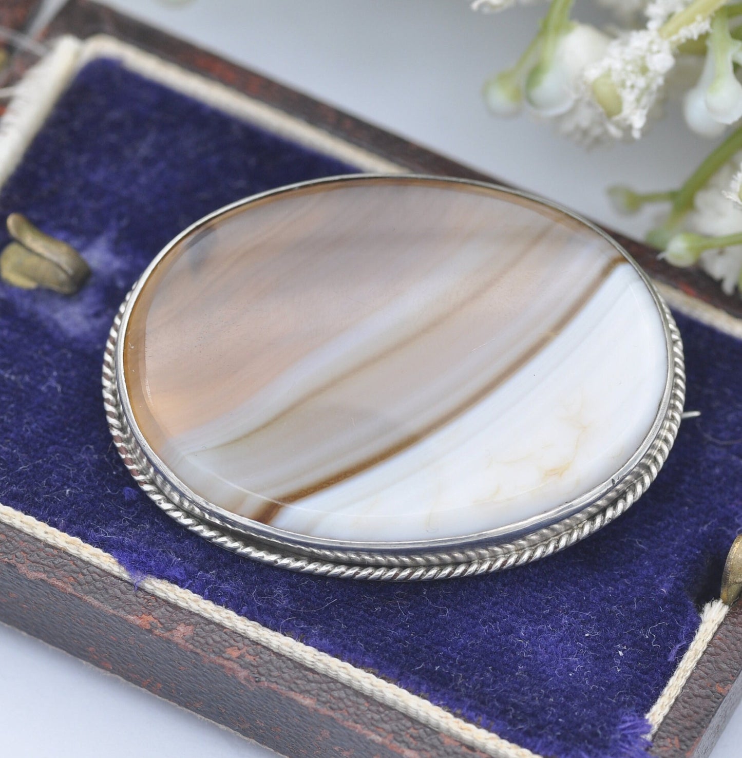 Antique Sterling Silver Banded Agate Brooch - Oval Brown Agate Stone