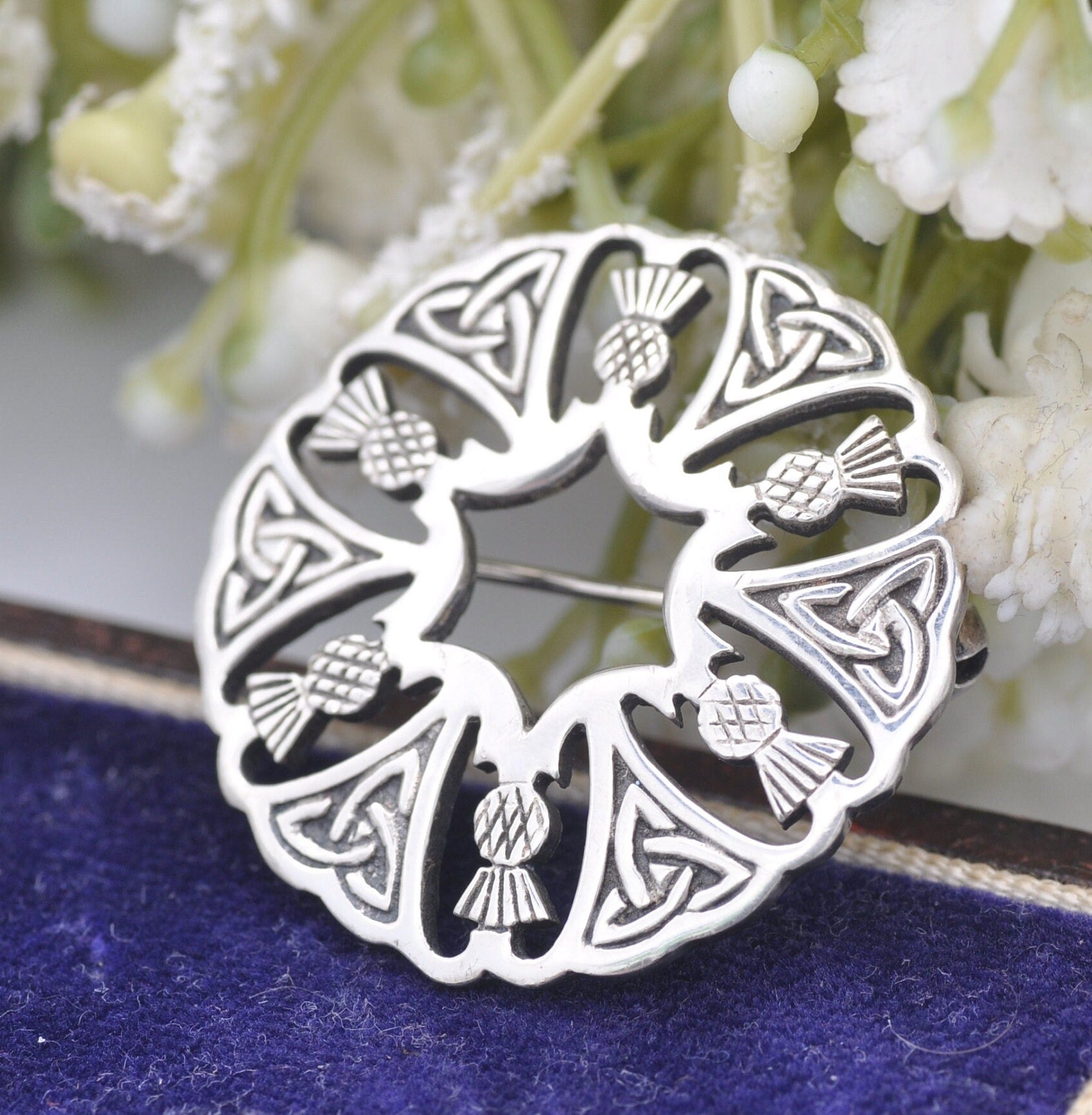 Vintage Sterling Silver Scottish Thistle Brooch - Celtic Triquetra Wreath Design