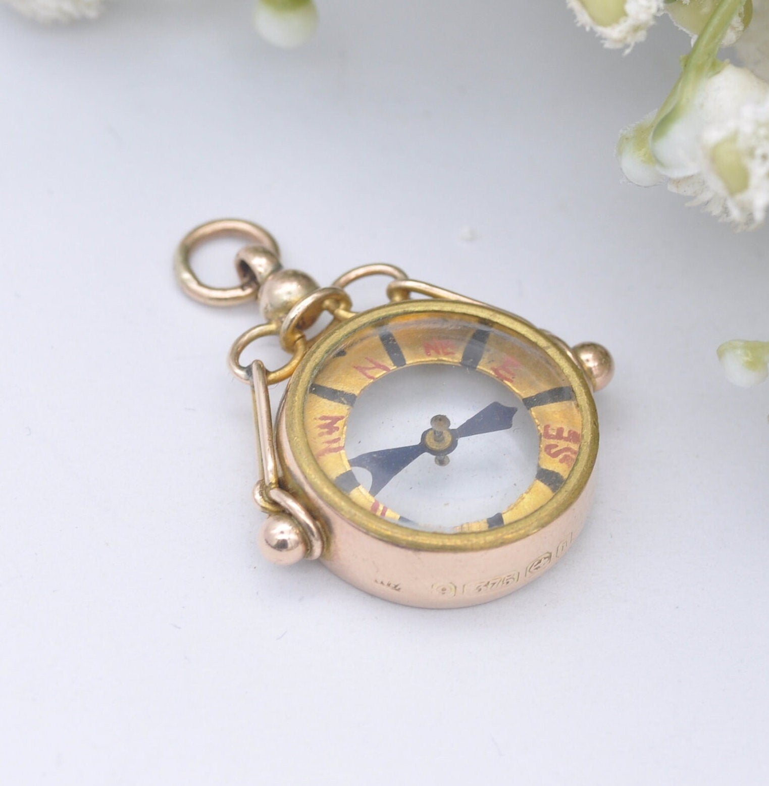 Antique 9ct Gold Compass Fob Pendant with Hand Written Rose - Edwardian 1908