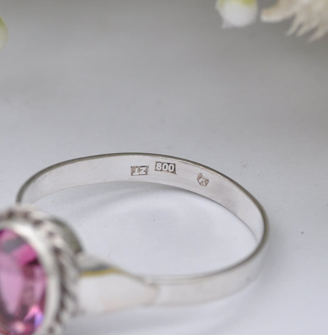 Vintage Silver Pink Paste Ring - Twisted Rope Bezel | Large | UK Size - U 1/2 / US Size - 10 1/4