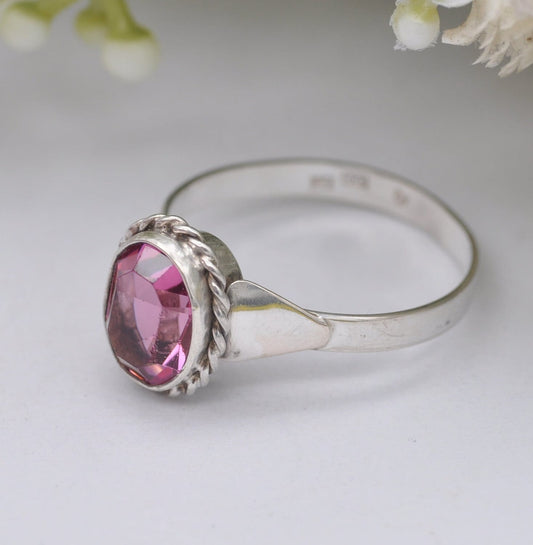 Vintage Silver Pink Paste Ring - Twisted Rope Bezel | Large | UK Size - U 1/2 / US Size - 10 1/4