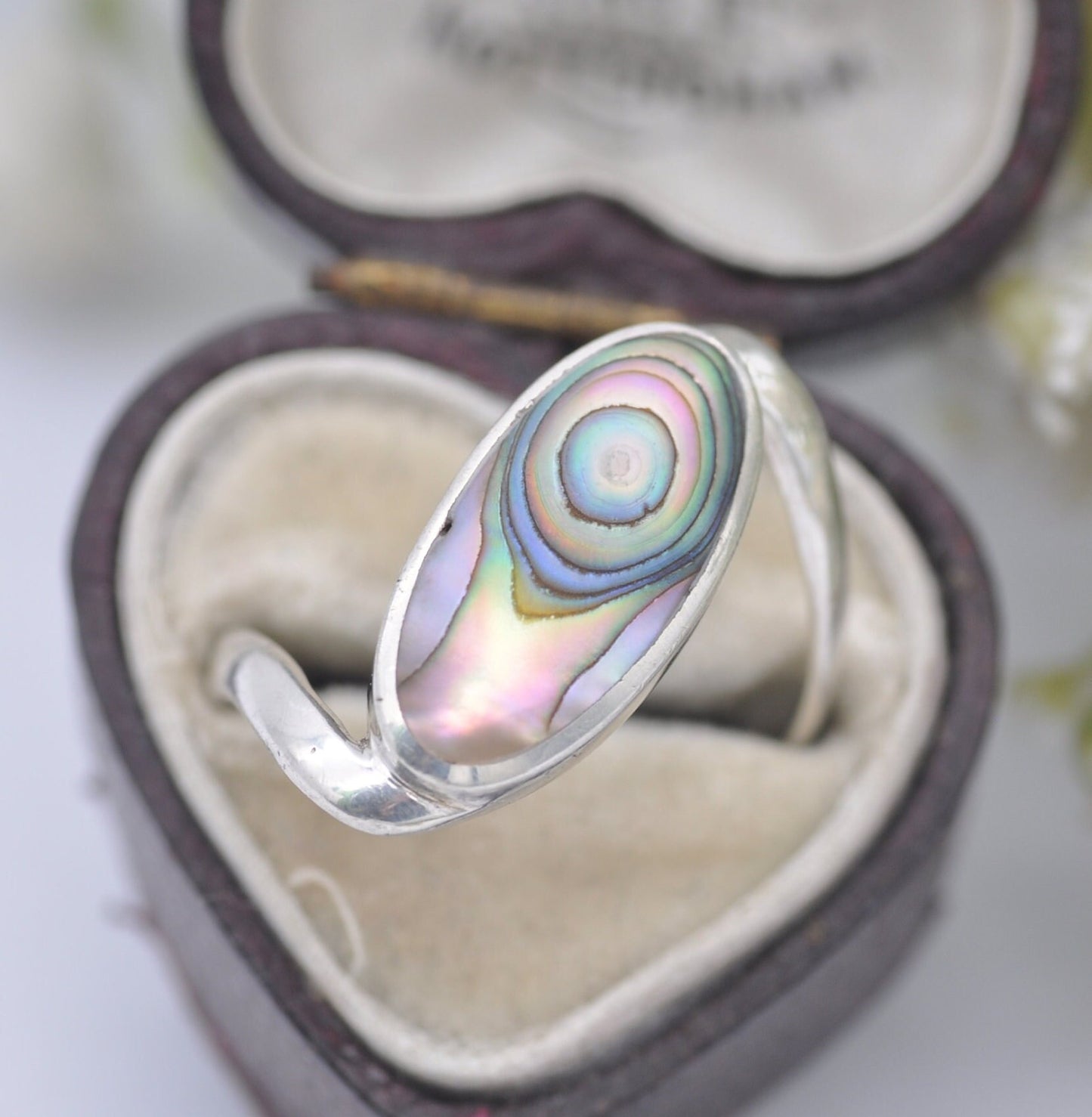 Sterling Silver Abalone Shell Ring - Paua Shell Stone | Off-Centre Oval | UK Size - S 1/2 | US Size - 9 1/4