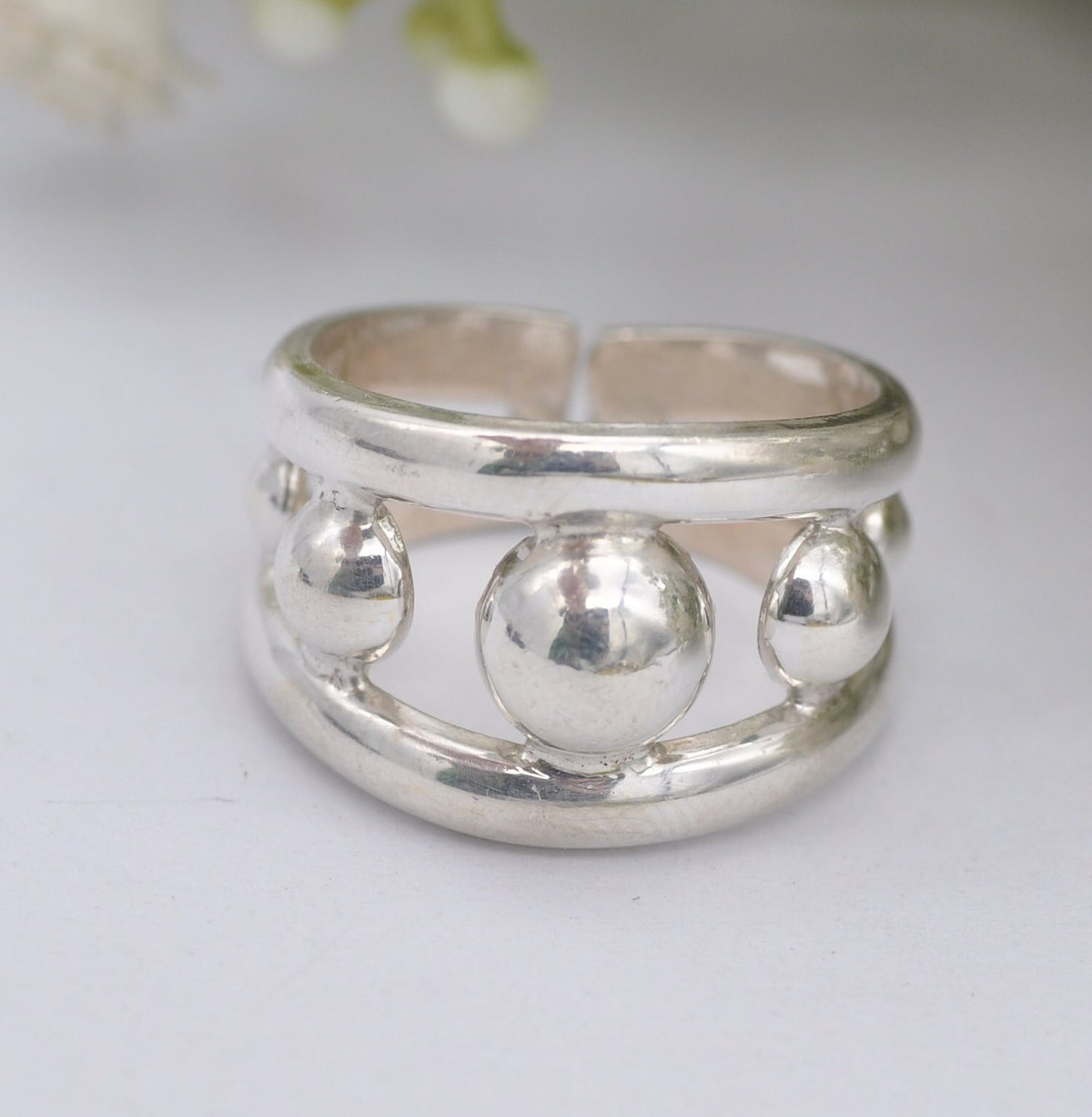 Chunky Sterling Silver Ring - Openwork Ball Ring | Adjustable Band | UK Size - R 1/2 | US Size - 8 3/4