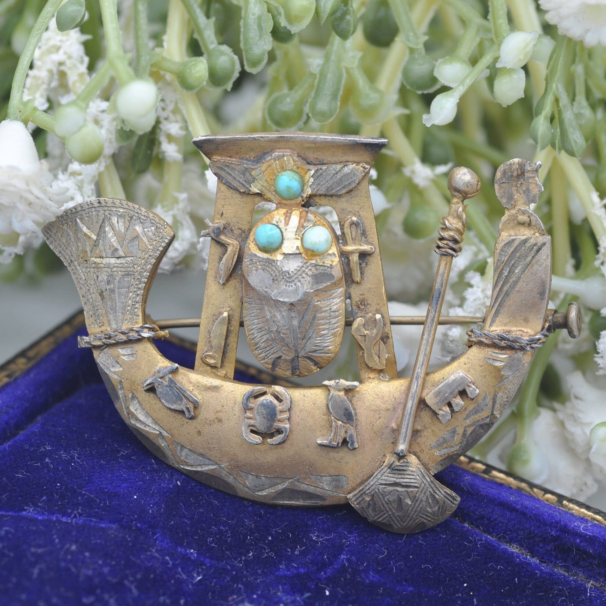 Antique Egyptian Revival Silver Gilt Brooch - Ship and Scarab Beetle | Art Deco Souvenir Piece