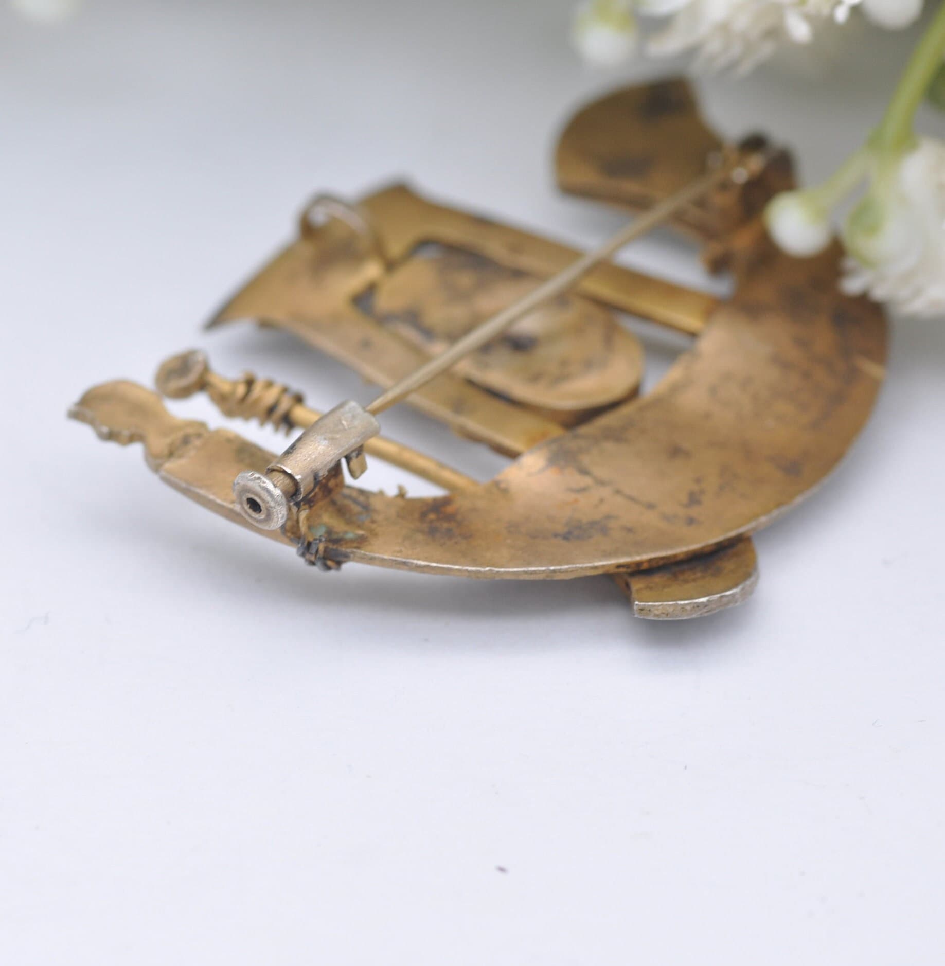 Antique Egyptian Revival Silver Gilt Brooch - Ship and Scarab Beetle | Art Deco Souvenir Piece