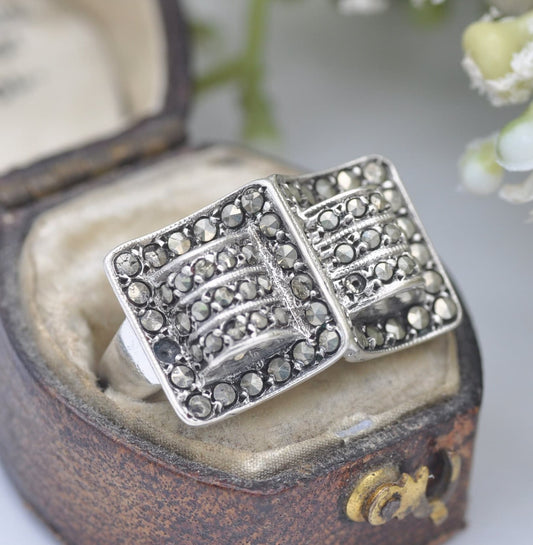 Vintage Silver Art Deco Tank Marcasite Statement Ring - Open Book Design | UK Size - O | US Size - 7 1/4