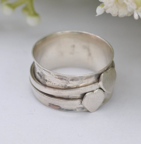 Vintage Sterling Silver Heart Spinning Ring - Silver Fidget Ring | UK Size - R | US Size - 8 3/4