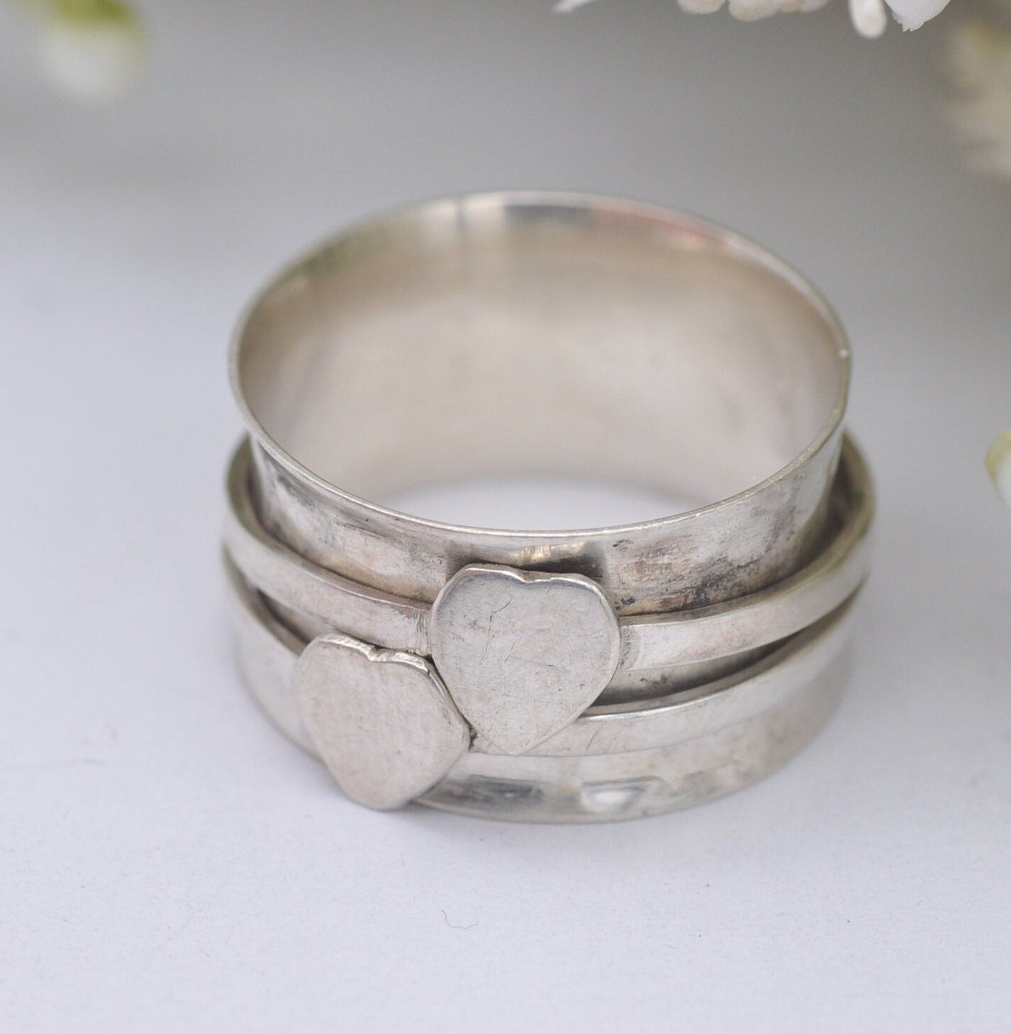 Vintage Sterling Silver Heart Spinning Ring - Silver Fidget Ring | UK Size - R | US Size - 8 3/4