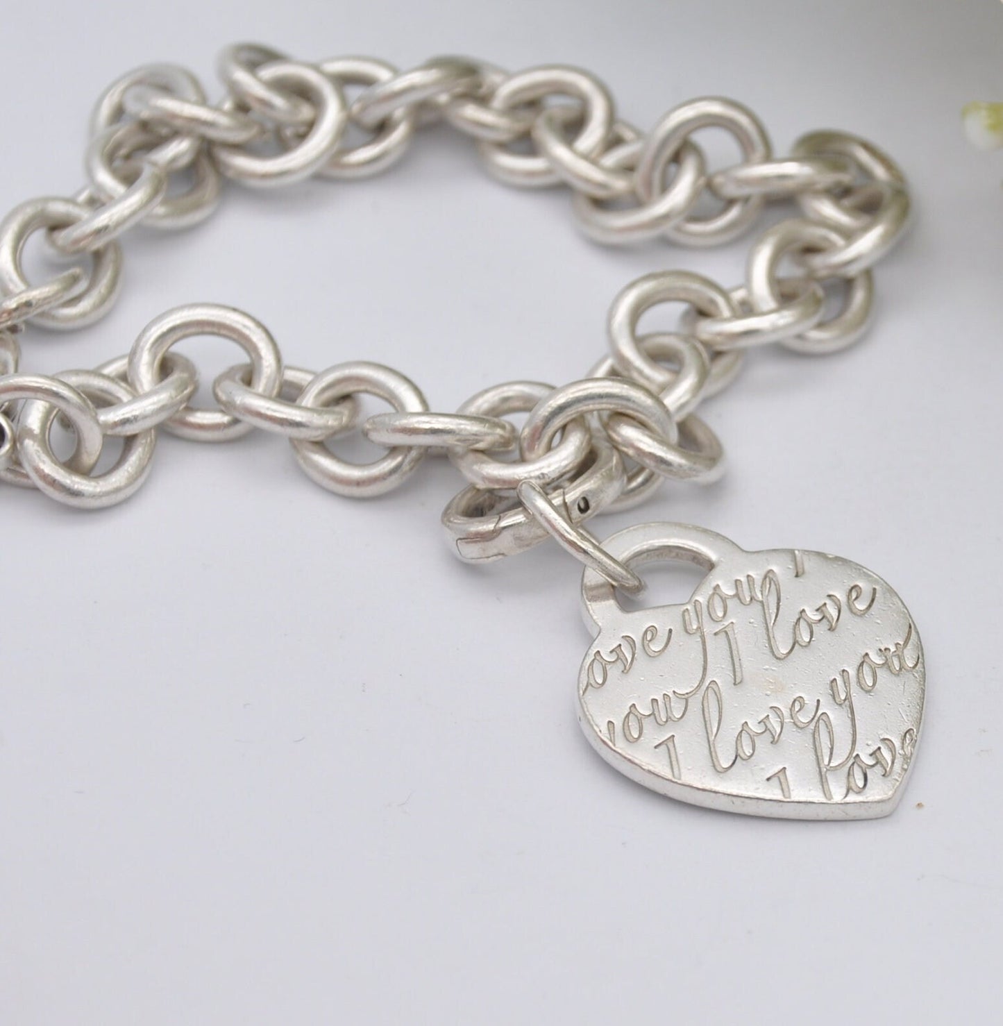 Tiffany & Co Sterling Silver Bracelet with Tiffany Notes I Love You Heart Tag Charm