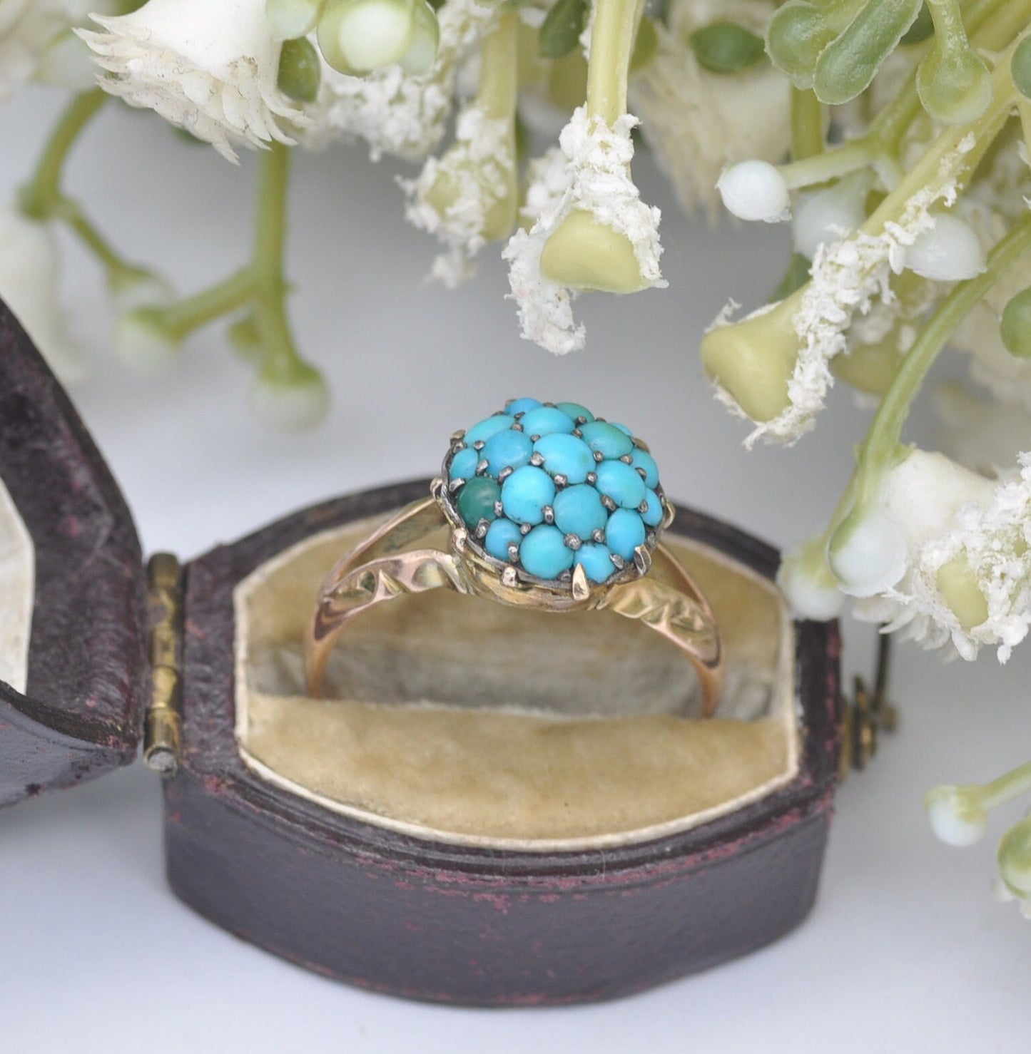 Antique 9ct Gold Turquoise Cluster Ring - Victorian Gold Jewellery | Bombe Boule Cluster | UK Size - N 1/2 | US Size - 7
