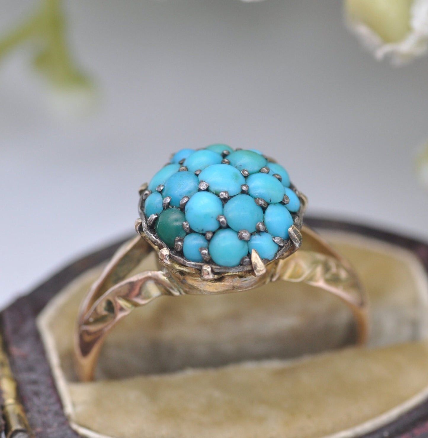 Antique 9ct Gold Turquoise Cluster Ring - Victorian Gold Jewellery | Bombe Boule Cluster | UK Size - N 1/2 | US Size - 7