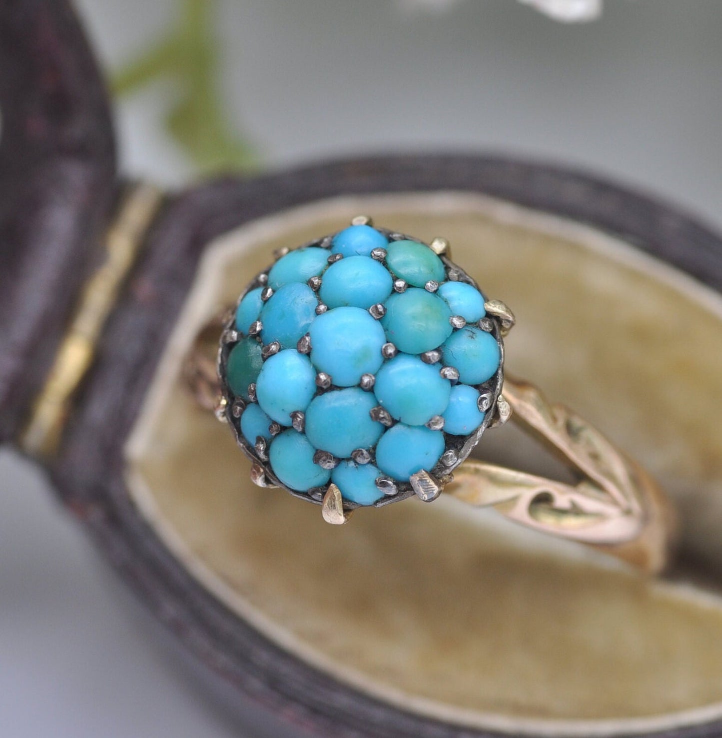 Antique 9ct Gold Turquoise Cluster Ring - Victorian Gold Jewellery | Bombe Boule Cluster | UK Size - N 1/2 | US Size - 7