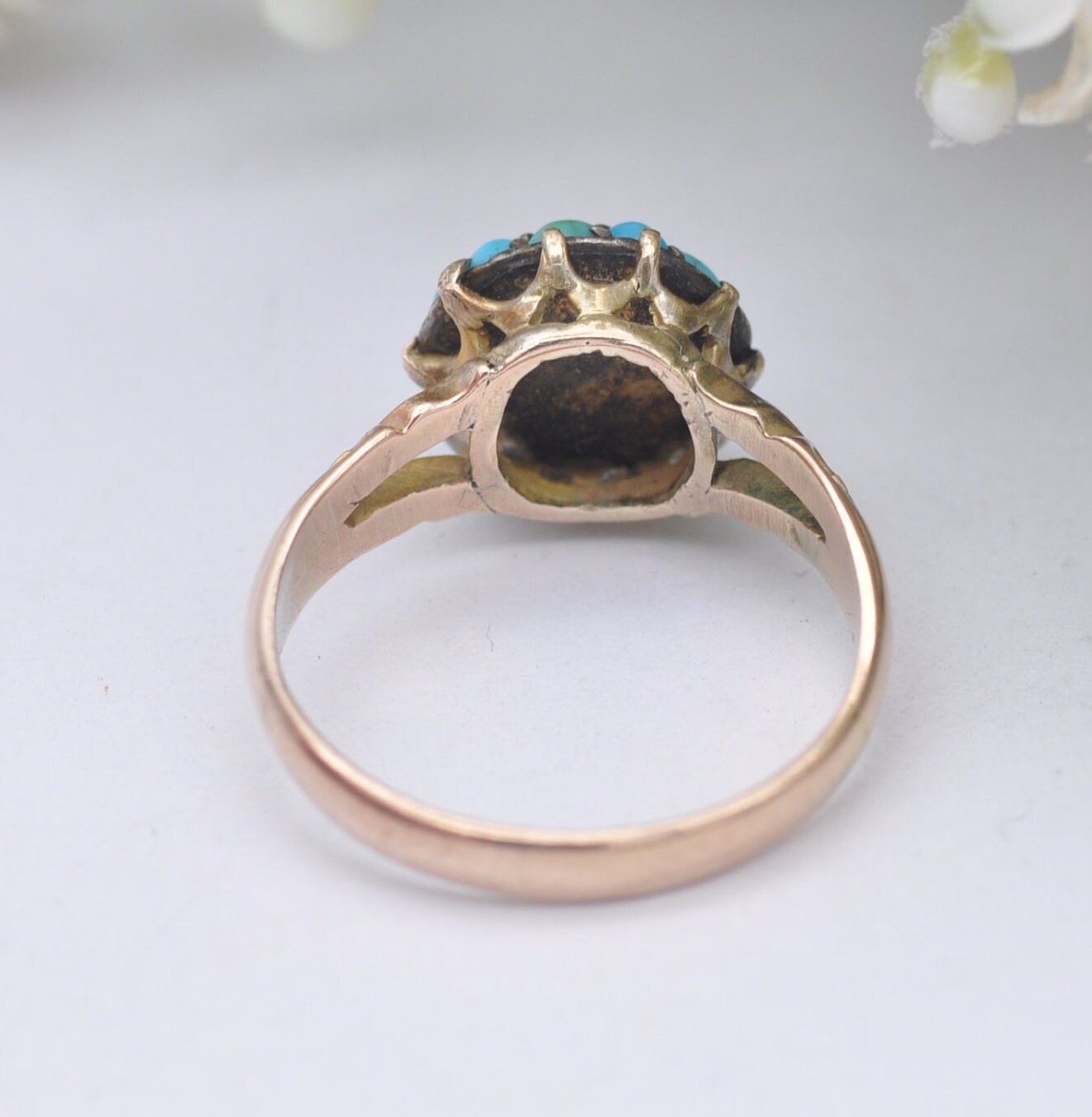 Antique 9ct Gold Turquoise Cluster Ring - Victorian Gold Jewellery | Bombe Boule Cluster | UK Size - N 1/2 | US Size - 7