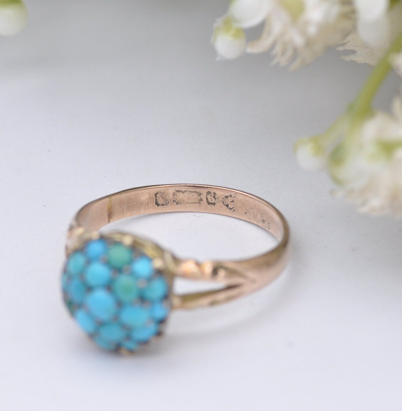 Antique 9ct Gold Turquoise Cluster Ring - Victorian Gold Jewellery | Bombe Boule Cluster | UK Size - N 1/2 | US Size - 7