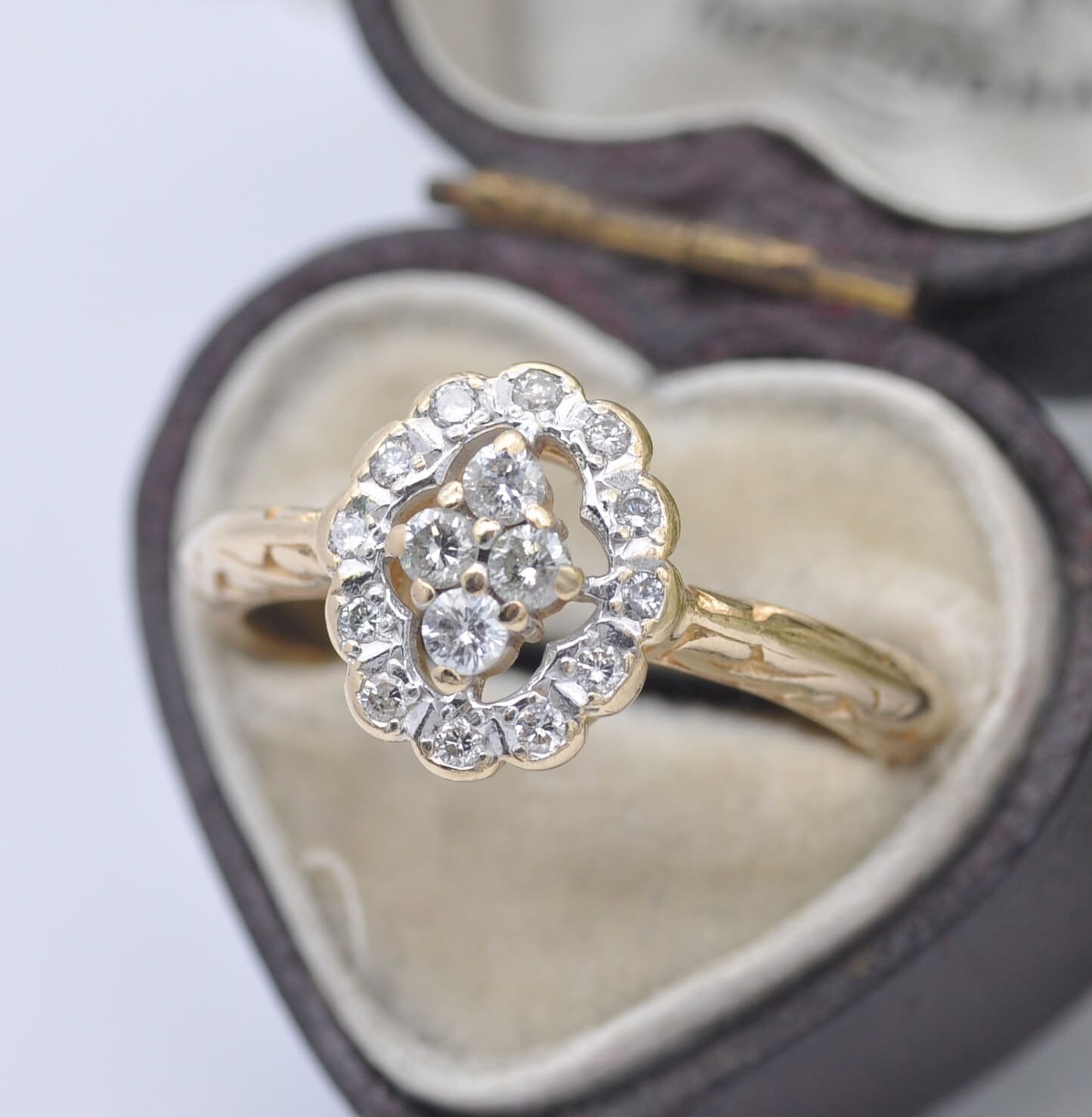 Vintage 14ct Gold Diamond Cluster Halo Ring 1998 - .33 Diamond Carat | Ornate Setting | UK Size - Q | US Size - 8