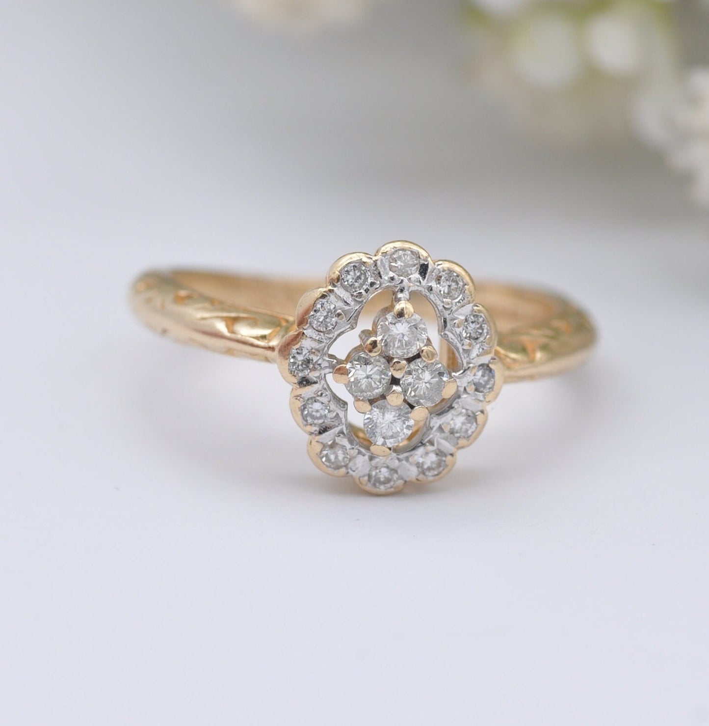 Vintage 14ct Gold Diamond Cluster Halo Ring 1998 - .33 Diamond Carat | Ornate Setting | UK Size - Q | US Size - 8