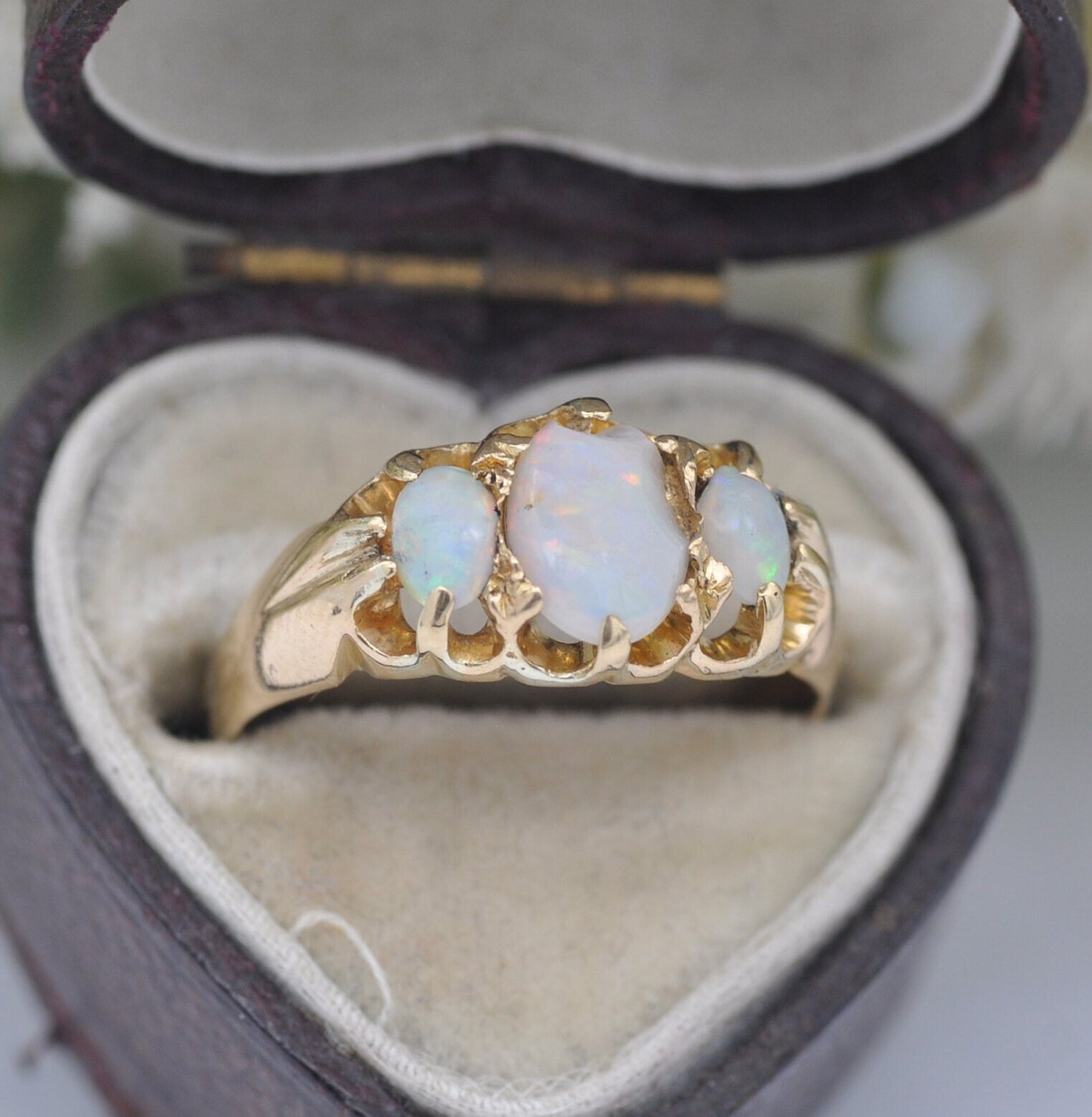 Antique 18ct Gold Opal Three Stone Ring - Oval Cabochon Trilogy | UK Size - K | US Size - 5 1/4