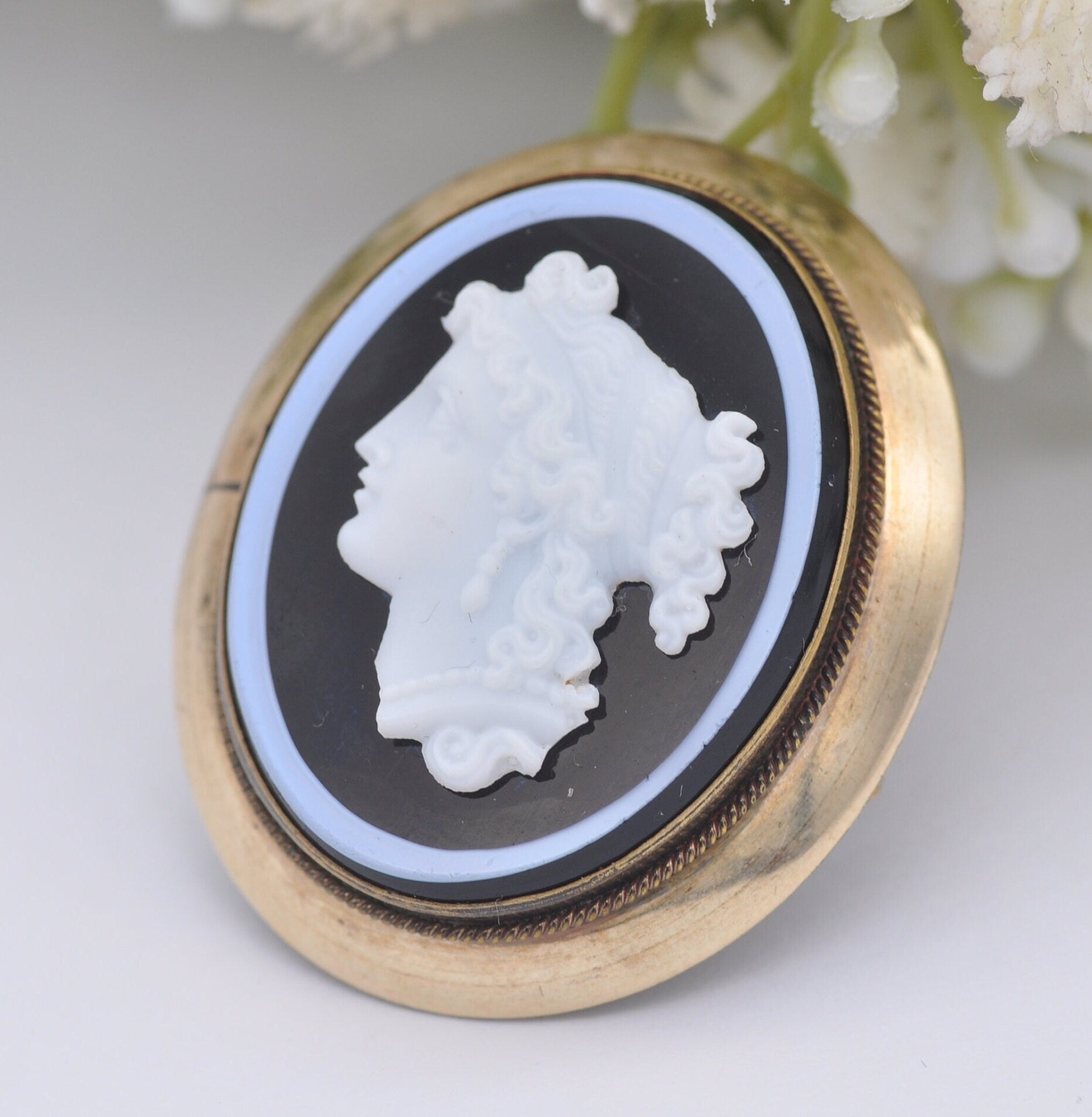 Antique Rolled Gold Onyx Cameo Brooch Pendant - Classical Roman Profile Face | French Déposé