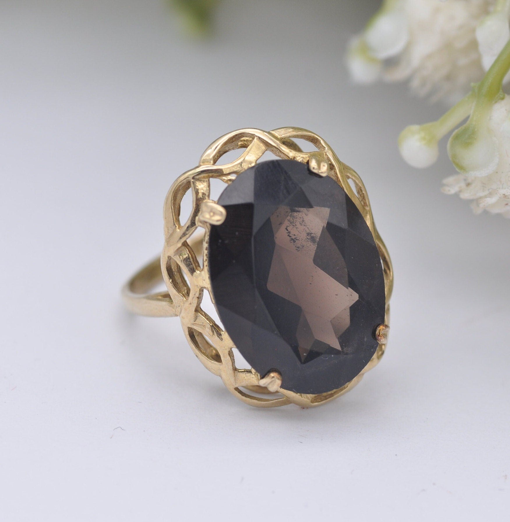 Vintage 9ct Gold Smoky Quartz Cocktail Ring - Mid-Century Statement Ring | UK Size - N 1/2 | US Size - 6 3/4