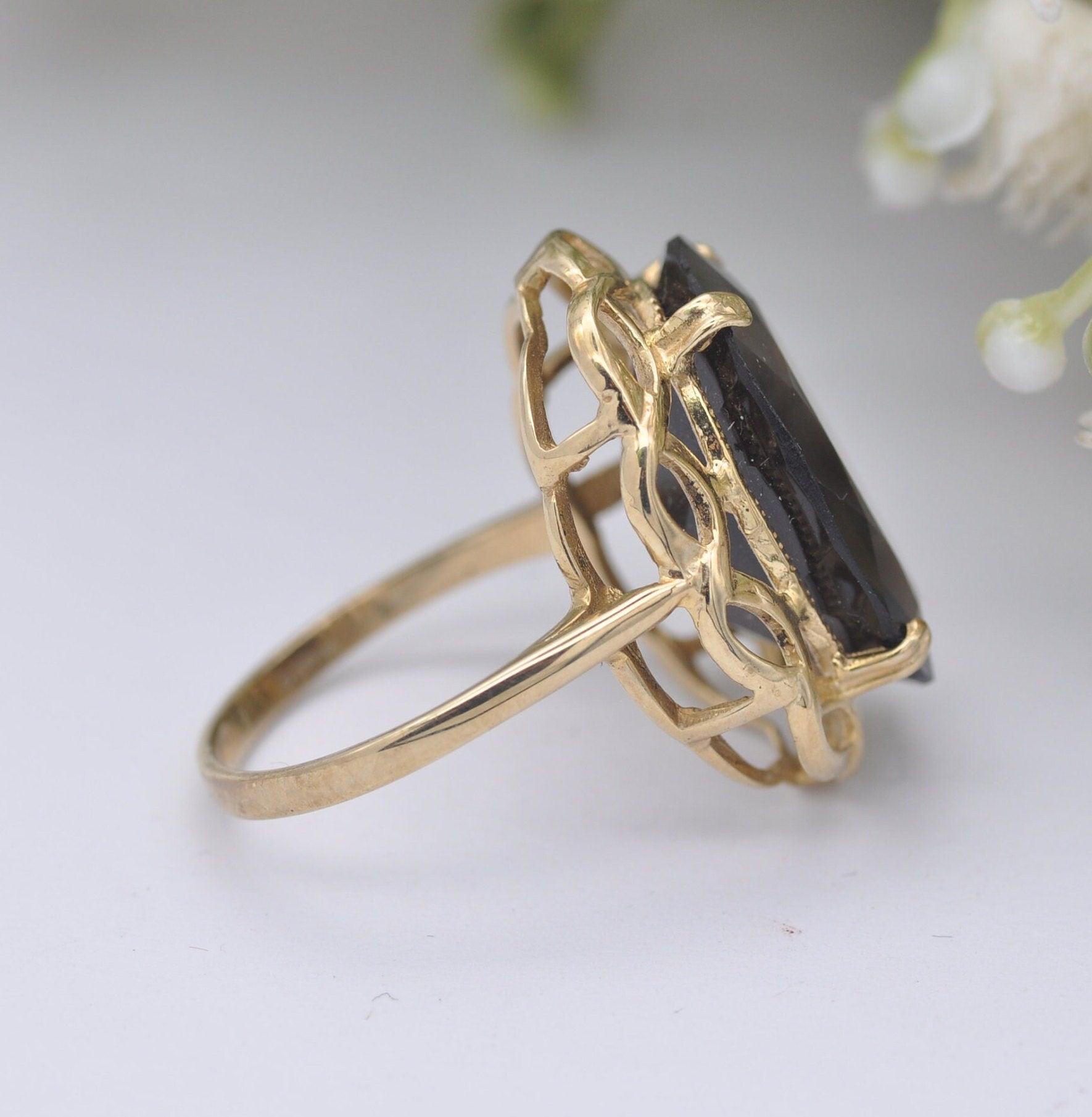 Vintage 9ct Gold Smoky Quartz Cocktail Ring - Mid-Century Statement Ring | UK Size - N 1/2 | US Size - 6 3/4