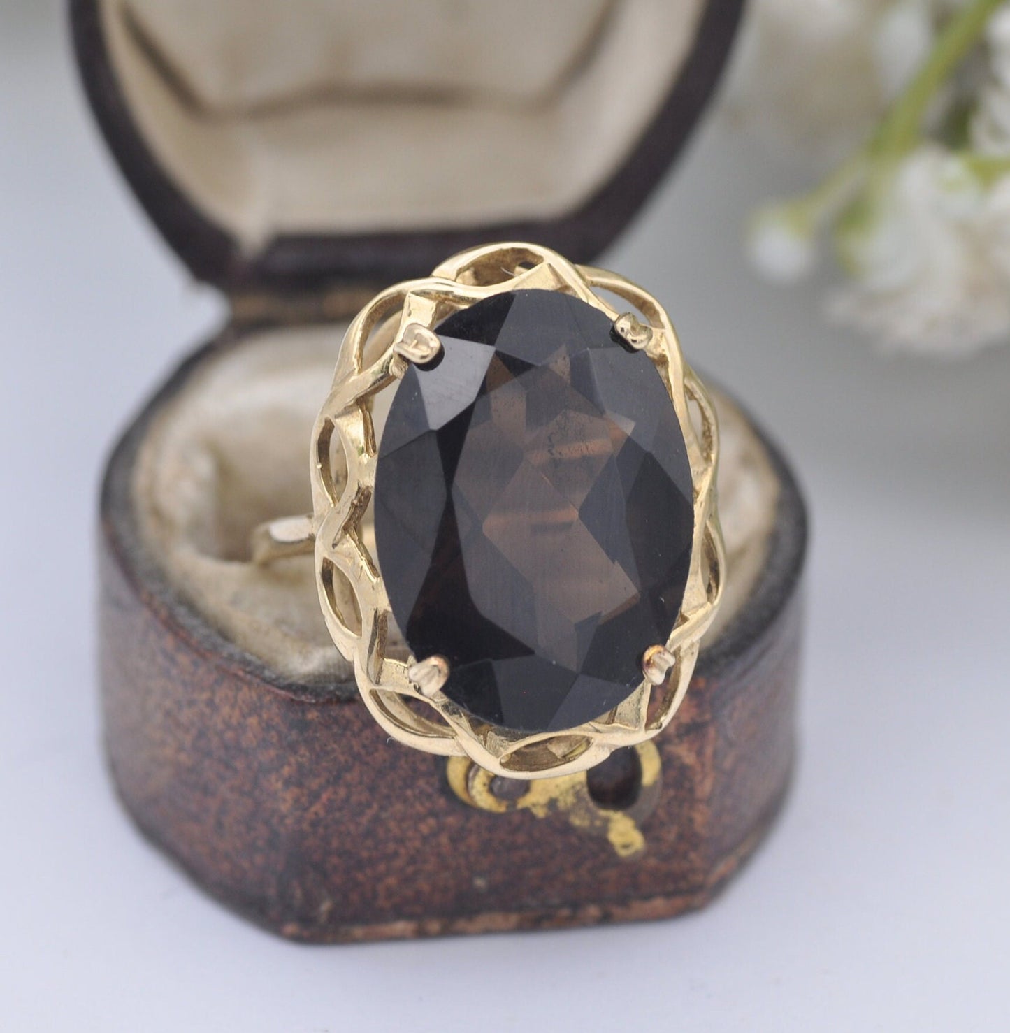 Vintage 9ct Gold Smoky Quartz Cocktail Ring - Mid-Century Statement Ring | UK Size - N 1/2 | US Size - 6 3/4