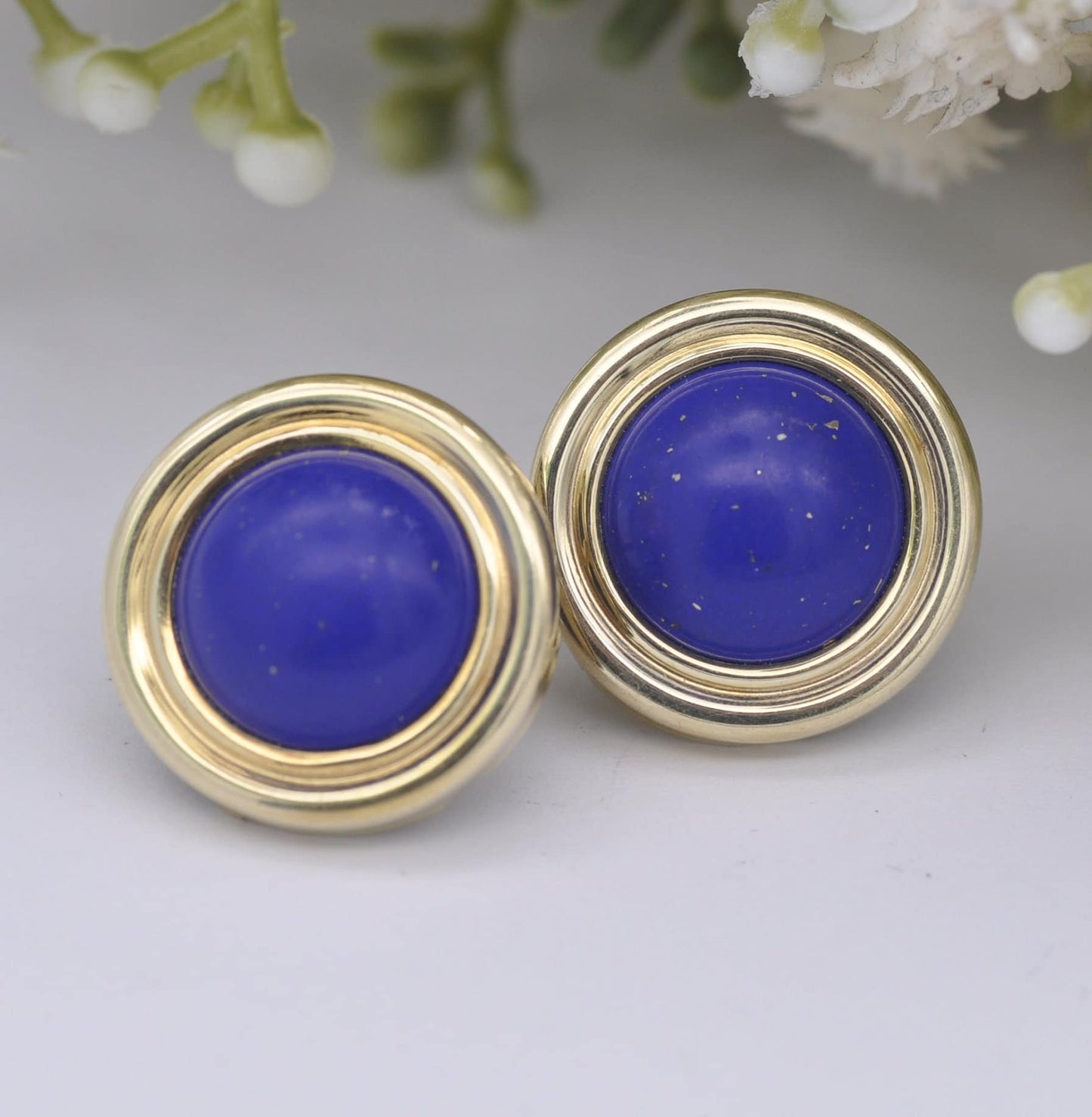 Vintage 14ct Gold Lapis Lazuli Stud Earrings - Large Cabochon Gemstone Studs