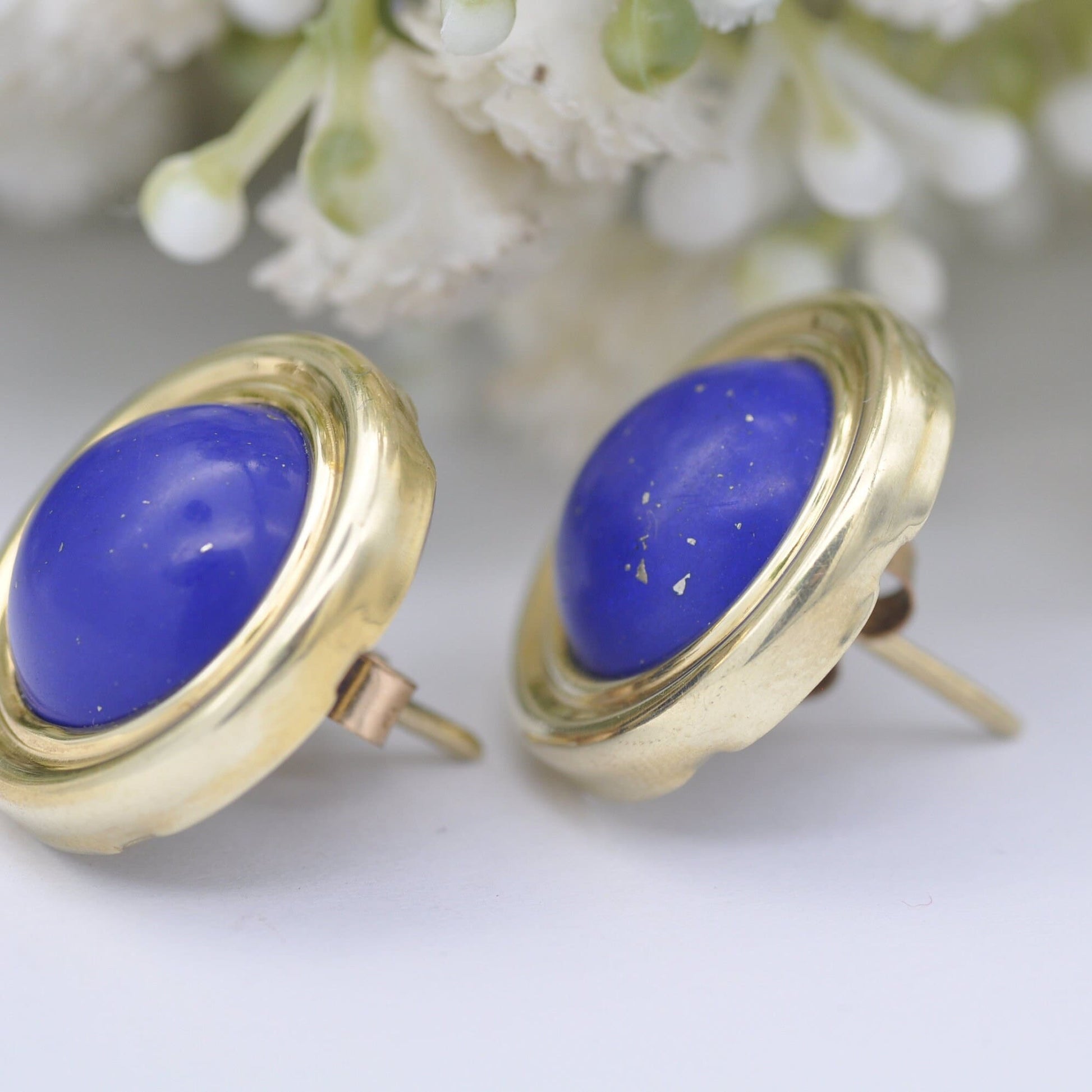 Vintage 14ct Gold Lapis Lazuli Stud Earrings - Large Cabochon Gemstone Studs