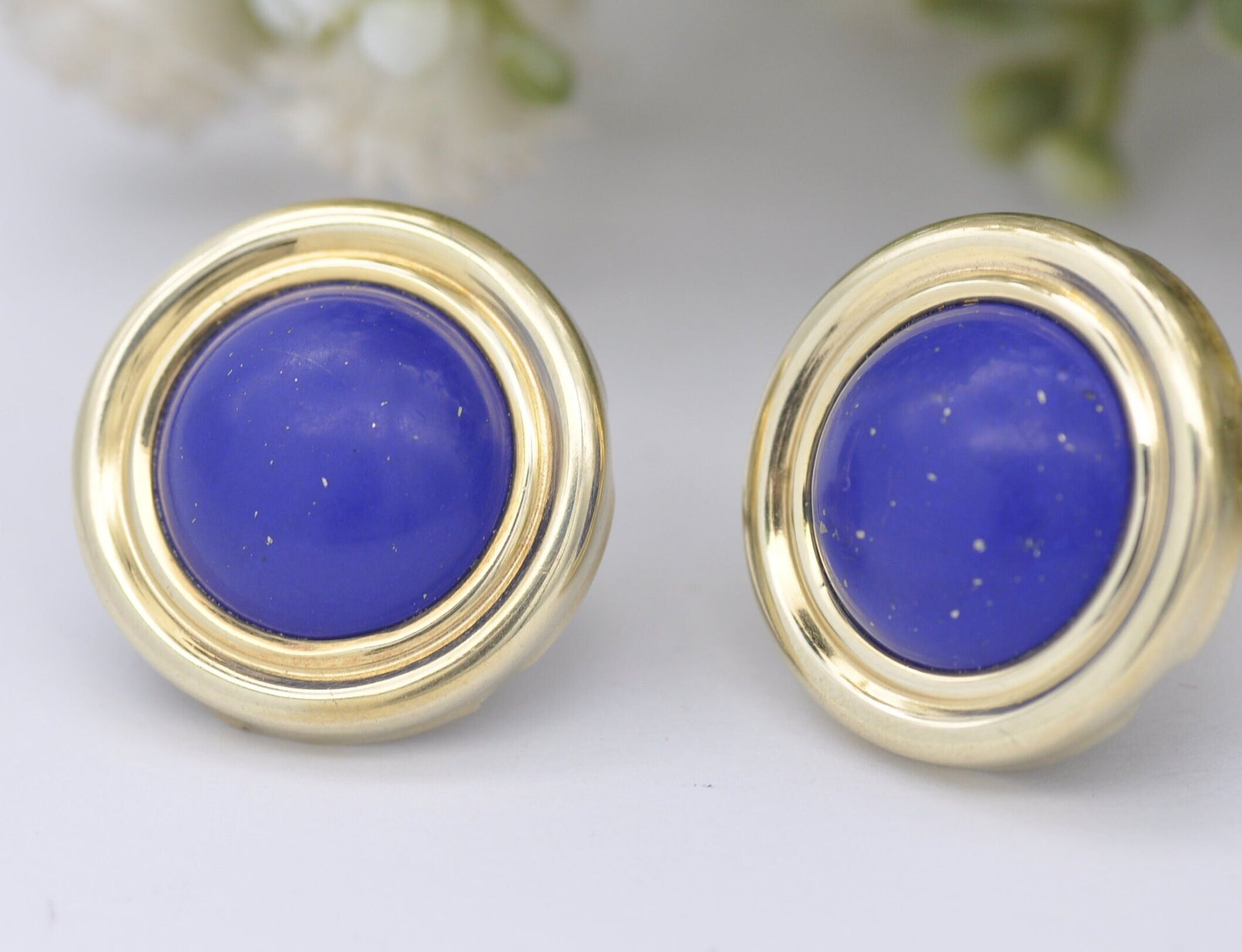 Vintage 14ct Gold Lapis Lazuli Stud Earrings - Large Cabochon Gemstone Studs