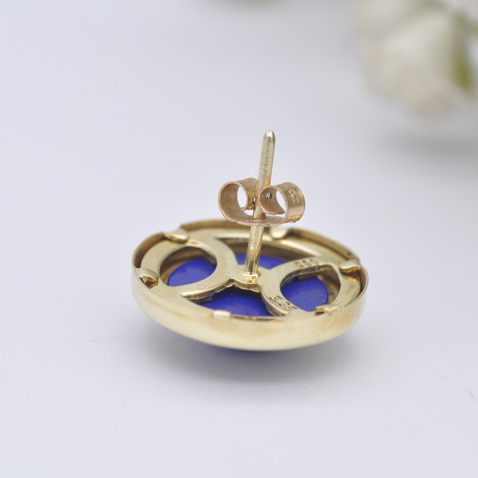 Vintage 14ct Gold Lapis Lazuli Stud Earrings - Large Cabochon Gemstone Studs