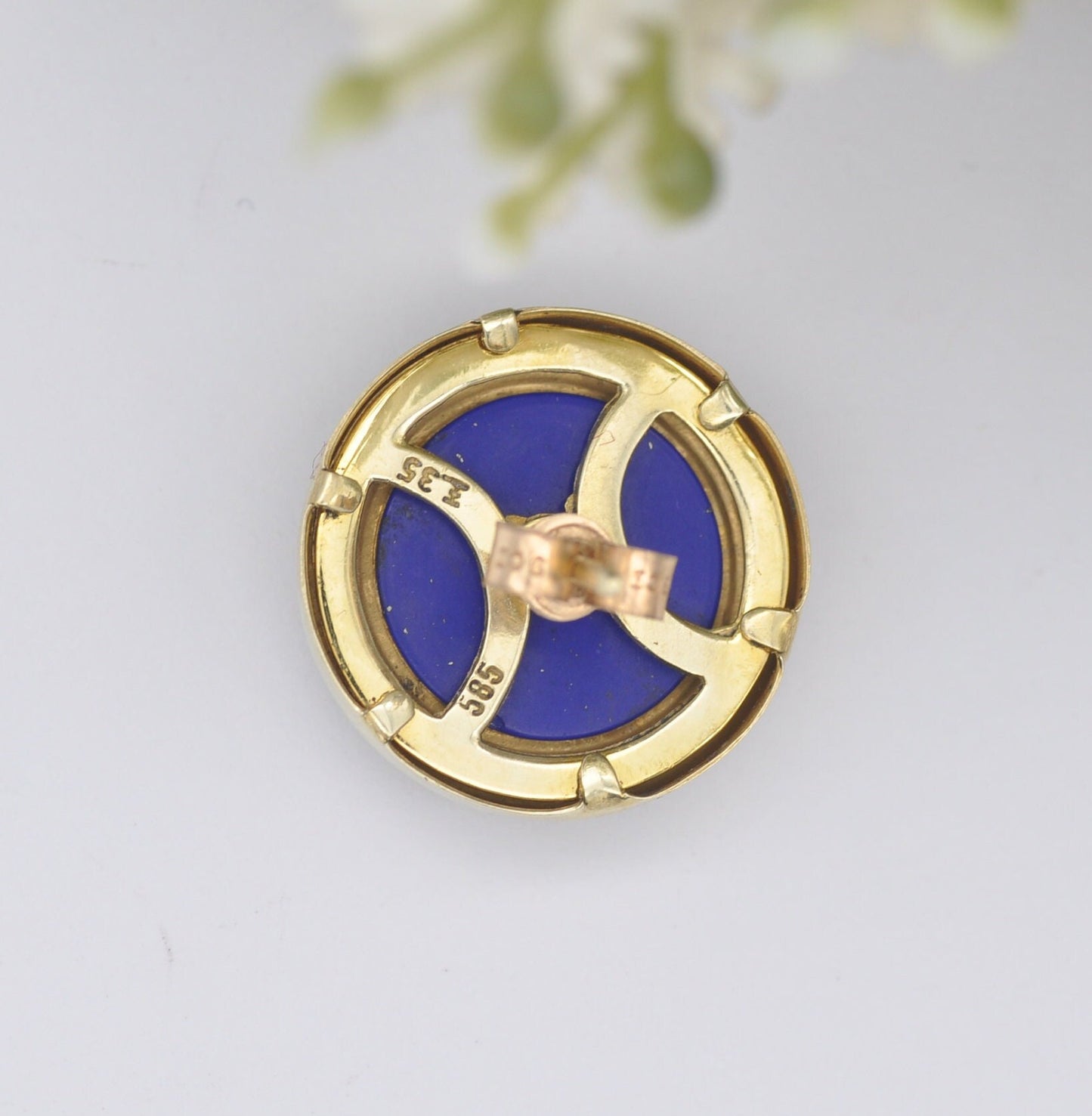 Vintage 14ct Gold Lapis Lazuli Stud Earrings - Large Cabochon Gemstone Studs