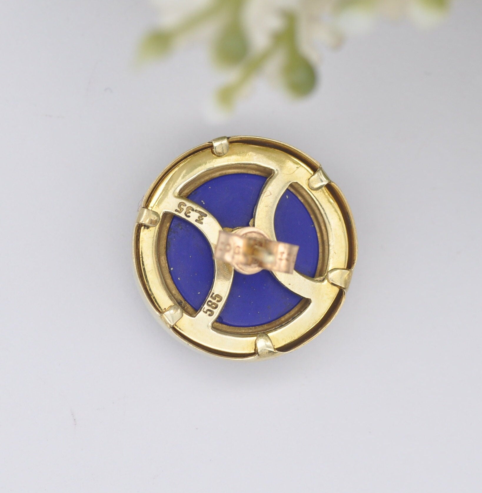 Vintage 14ct Gold Lapis Lazuli Stud Earrings - Large Cabochon Gemstone Studs