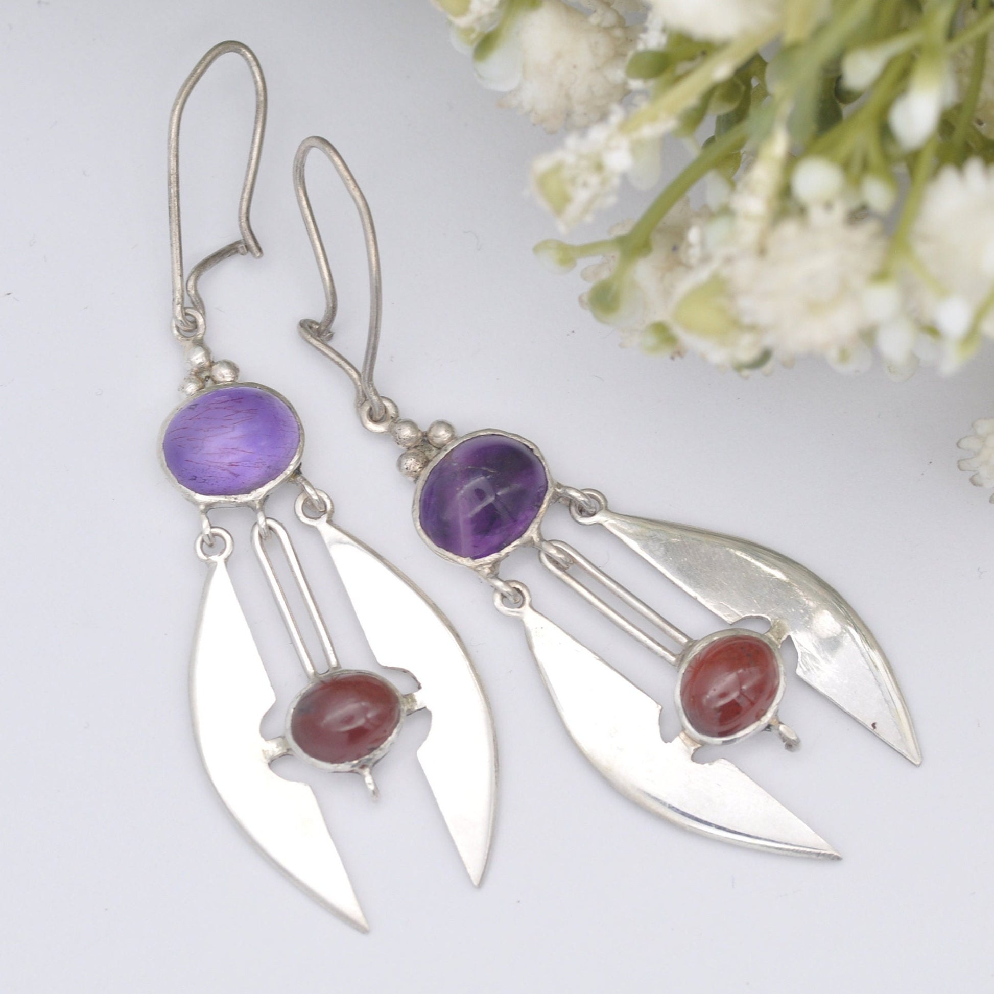 Vintage Sterling Silver Modernist Gemstone Dangle Earrings with Cabochon Amethyst | Purple and Red Stones