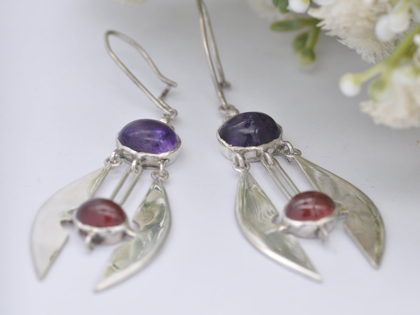 Vintage Sterling Silver Modernist Gemstone Dangle Earrings with Cabochon Amethyst | Purple and Red Stones