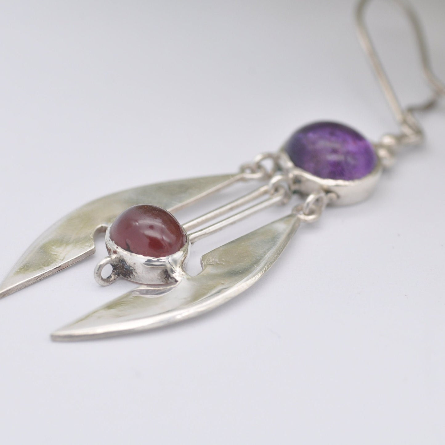 Vintage Sterling Silver Modernist Gemstone Dangle Earrings with Cabochon Amethyst | Purple and Red Stones