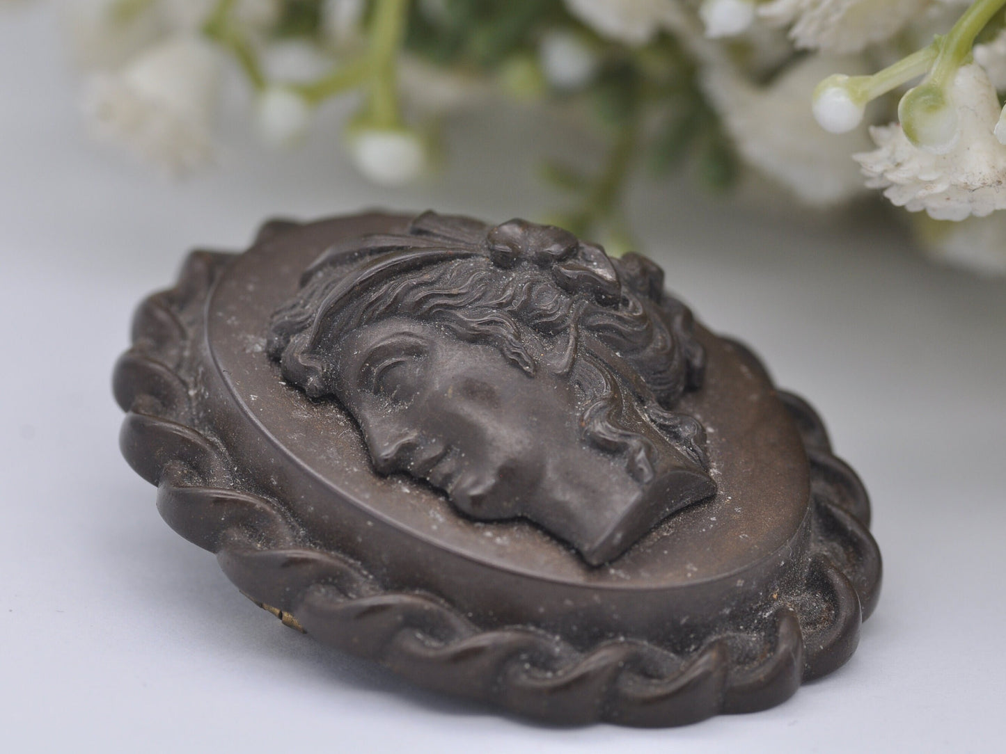 Antique Vulcanite Cameo Brooch with Rope Twist Border and Classical Face Profile