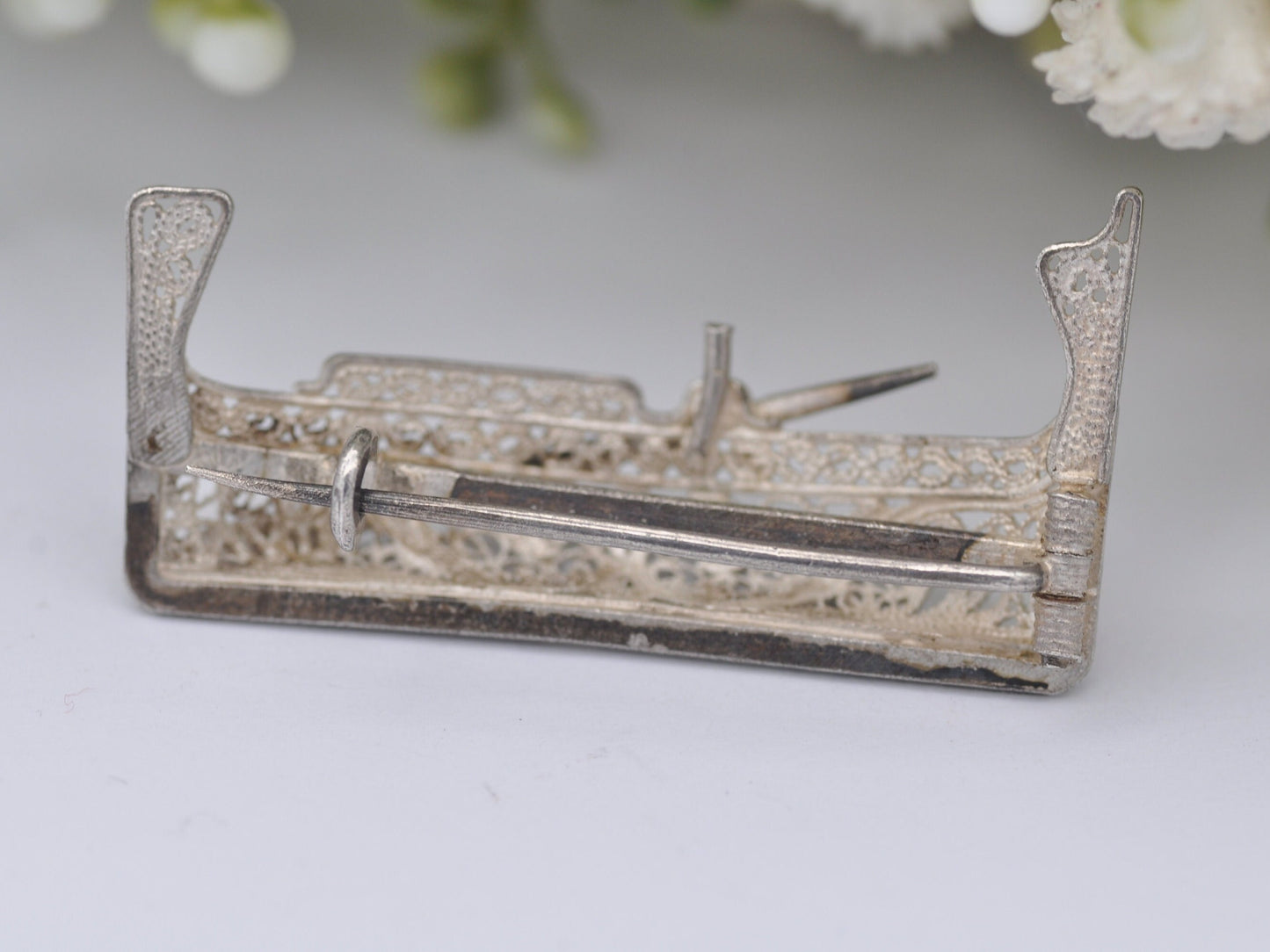 Vintage Sterling Silver Filigree Gondola Brooch - Figural Boat Brooch