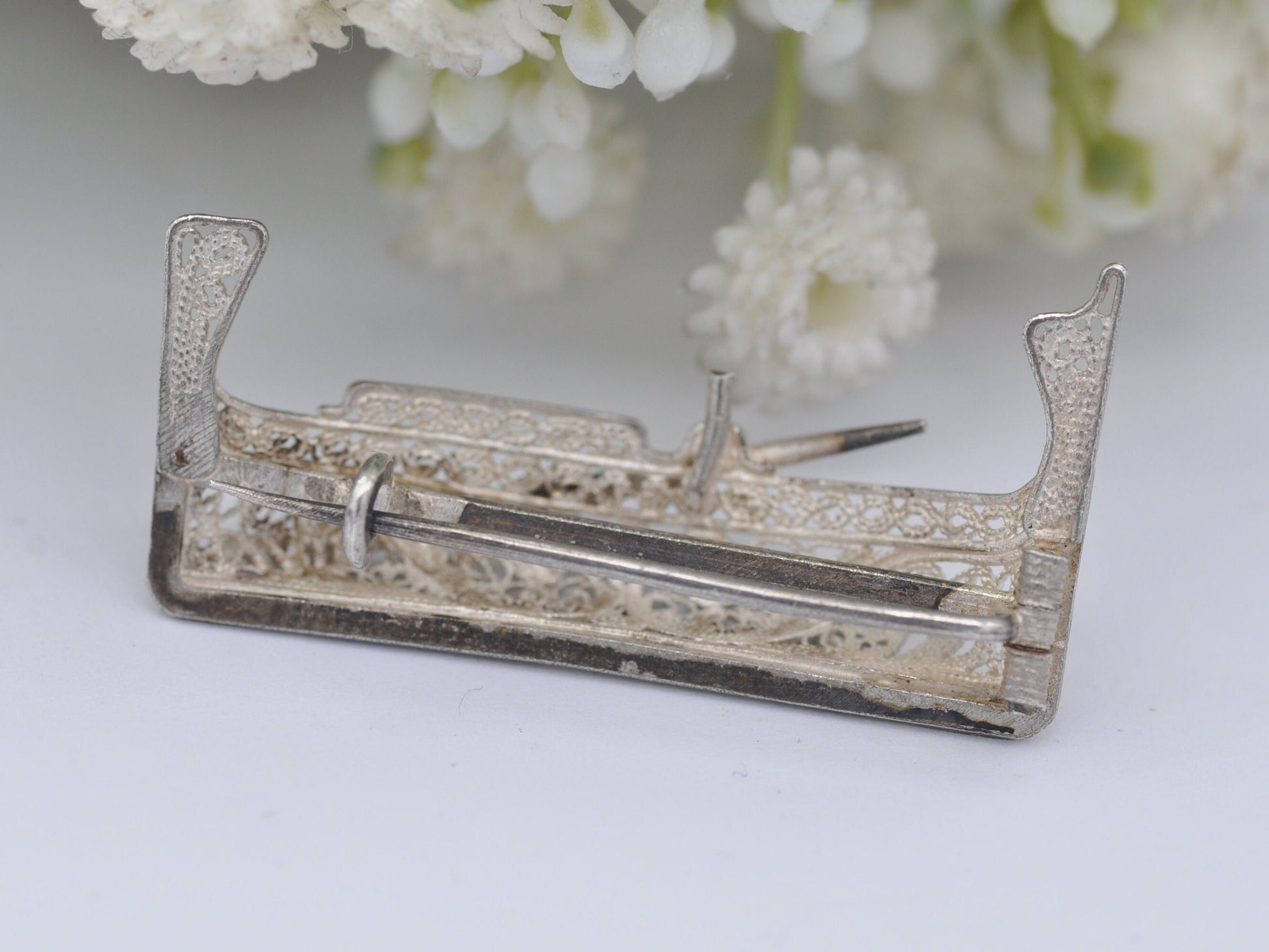 Vintage Sterling Silver Filigree Gondola Brooch - Figural Boat Brooch