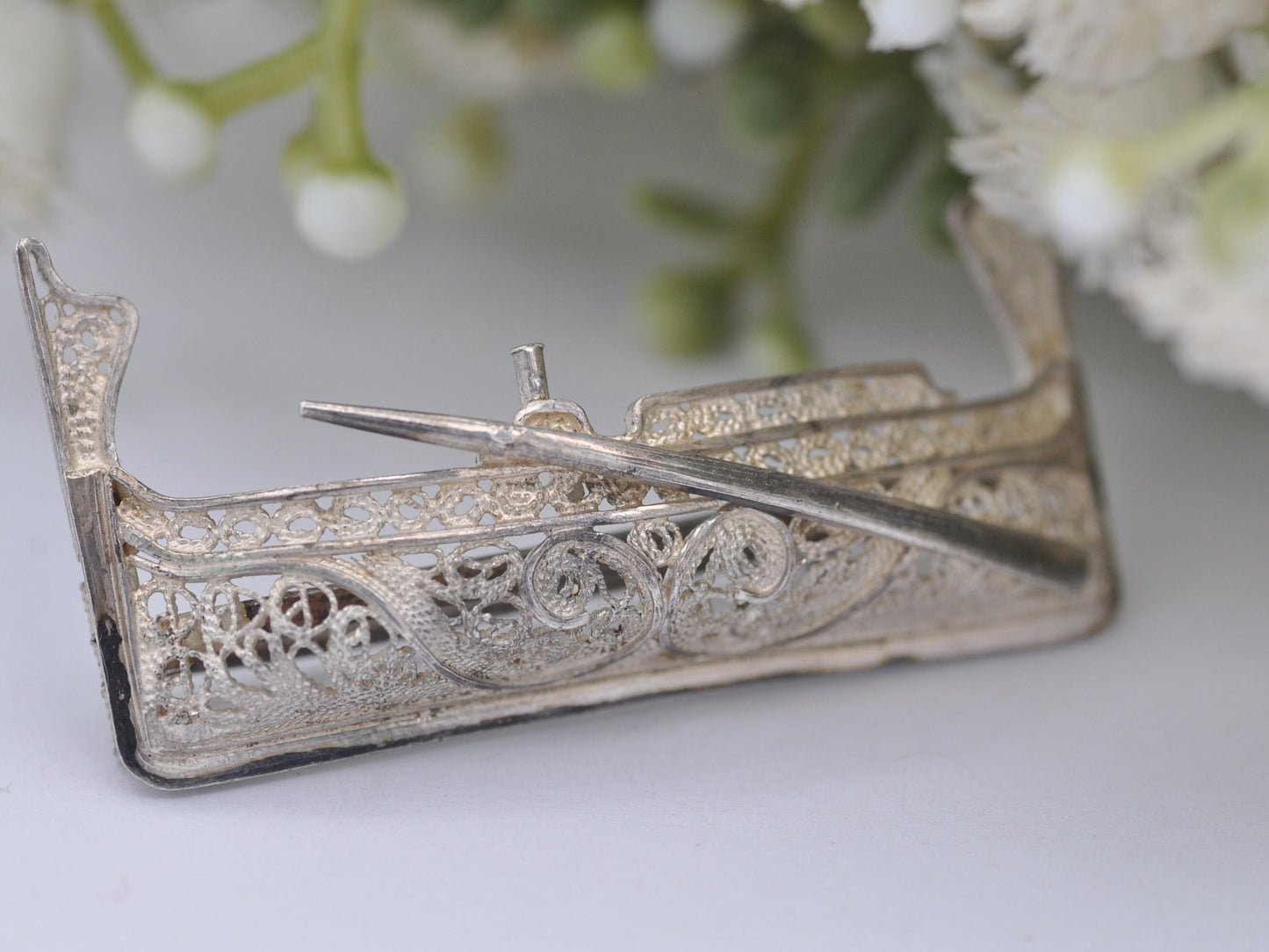 Vintage Sterling Silver Filigree Gondola Brooch - Figural Boat Brooch