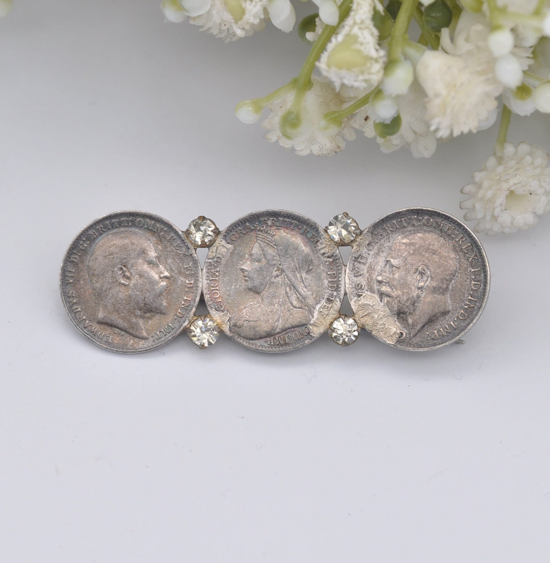 Antique Sterling Silver Threepence Coin Brooch with Crystal Paste - 1901 Victoria | 1909 Edward VII | 1919 George V