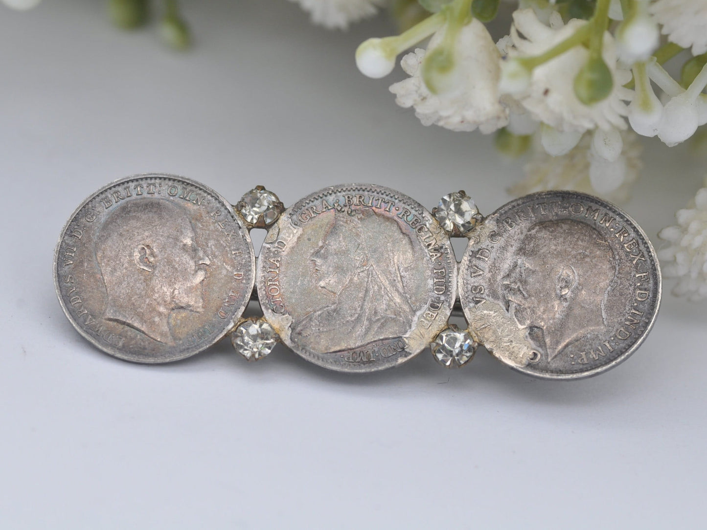 Antique Sterling Silver Threepence Coin Brooch with Crystal Paste - 1901 Victoria | 1909 Edward VII | 1919 George V